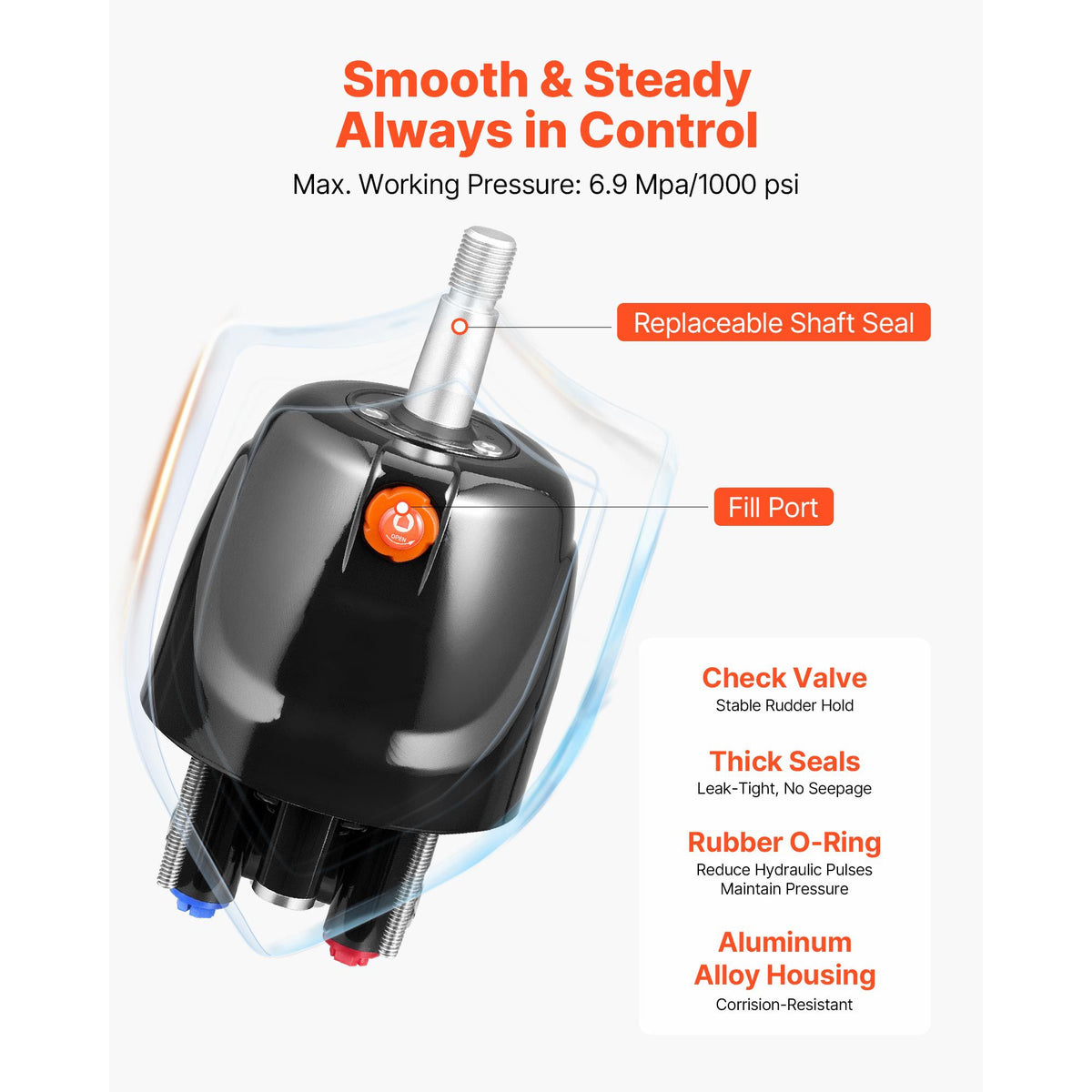 Hydraulic Steering Kit, 150 HP, Marine Boat Hydraulic Steering System, with 6.9 MPa/1000 psi Helm Pump, Two-Way Lock Cylinder, and 6 m High-Strength Hoses, for Single Station, Single-Engine Use