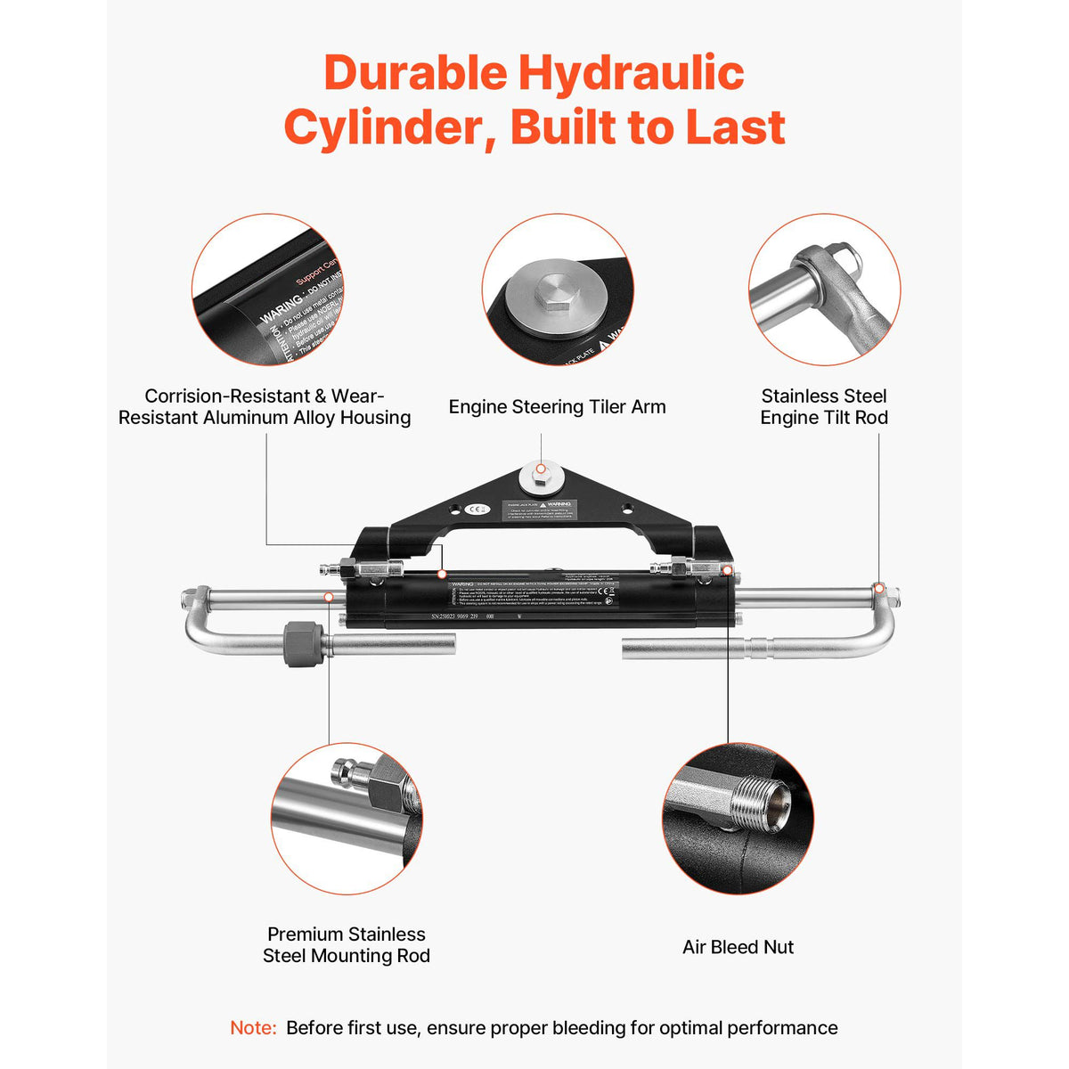 Hydraulic Steering Kit, 150 HP, Marine Boat Hydraulic Steering System, with 6.9 MPa/1000 psi Helm Pump, Two-Way Lock Cylinder, and 6 m High-Strength Hoses, for Single Station, Single-Engine Use