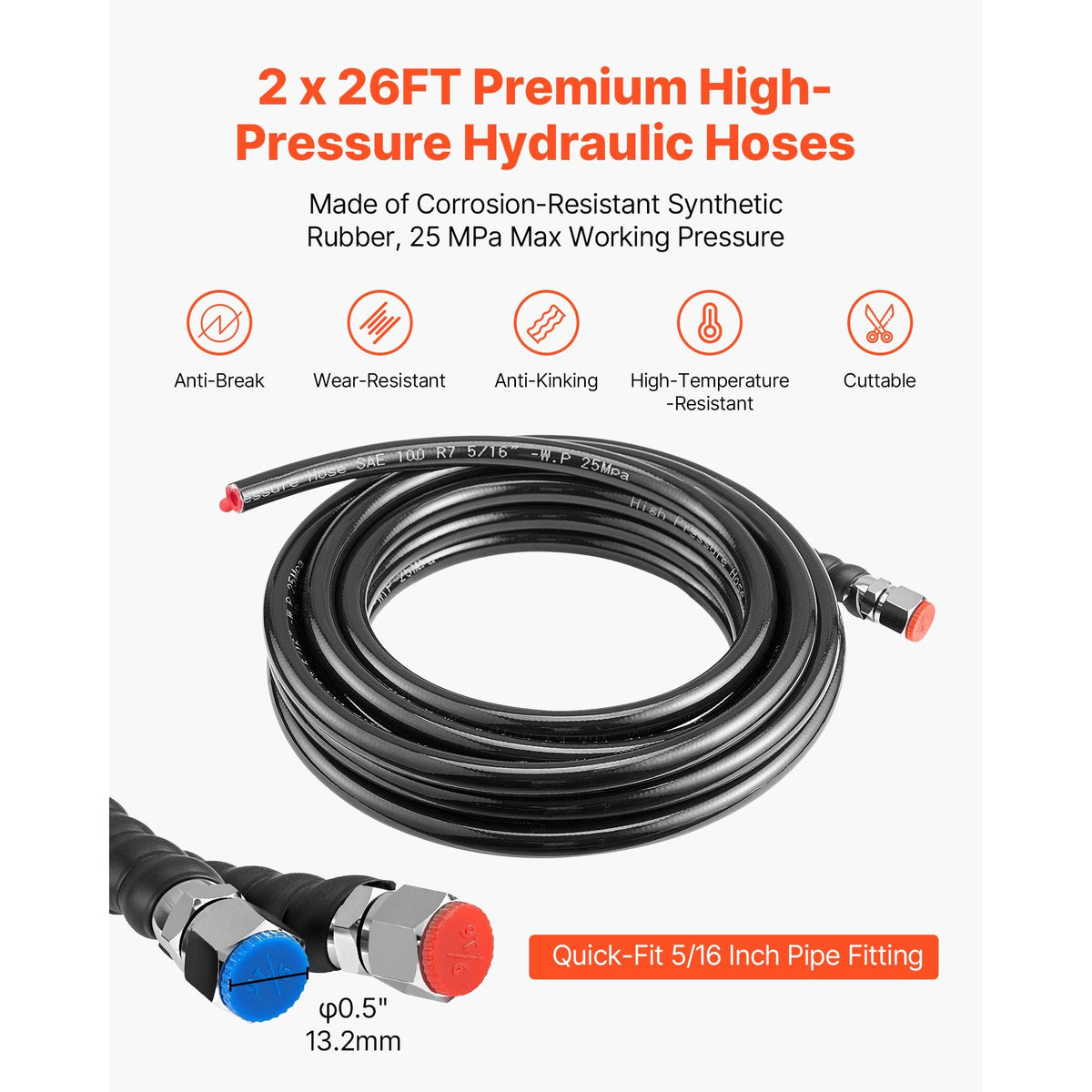 Hydraulic Steering Kit, 150 HP, Marine Boat Hydraulic Steering System, with 6.9 MPa/1000 psi Helm Pump, Two-Way Lock Cylinder, and 6 m High-Strength Hoses, for Single Station, Single-Engine Use
