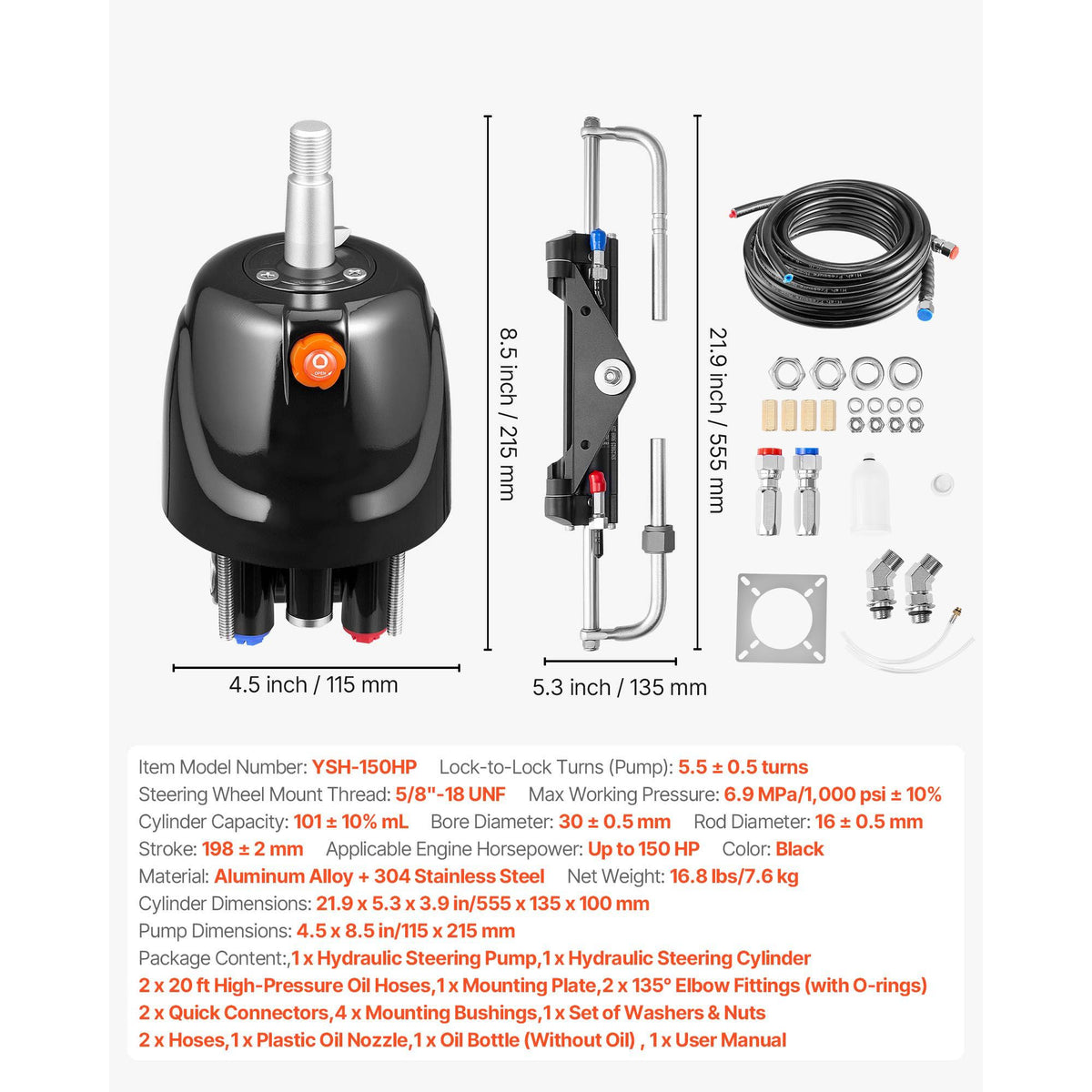 Hydraulic Steering Kit, 150 HP, Marine Boat Hydraulic Steering System, with 6.9 MPa/1000 psi Helm Pump, Two-Way Lock Cylinder, and 6 m High-Strength Hoses, for Single Station, Single-Engine Use