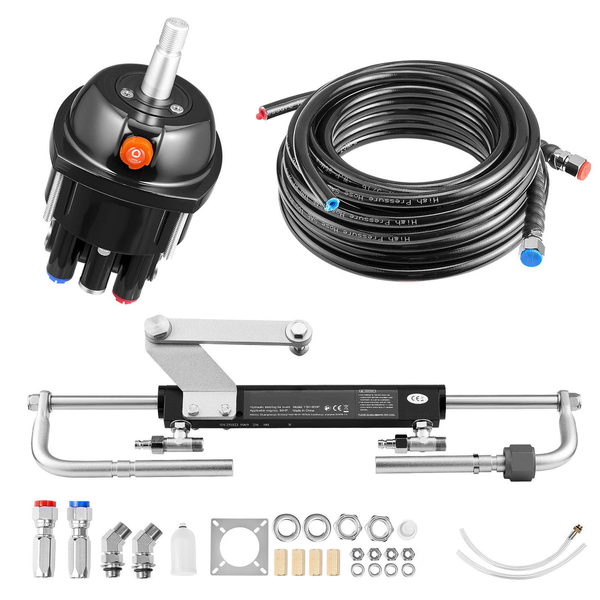 Hydraulic Steering Kit, 90 HP, Marine Boat Hydraulic Steering System, with 6.9 MPa/1000 psi Helm Pump, Two-Way Lock Cylinder, and 6 m High-Strength Hoses, for Single Station, Single-Engine Use