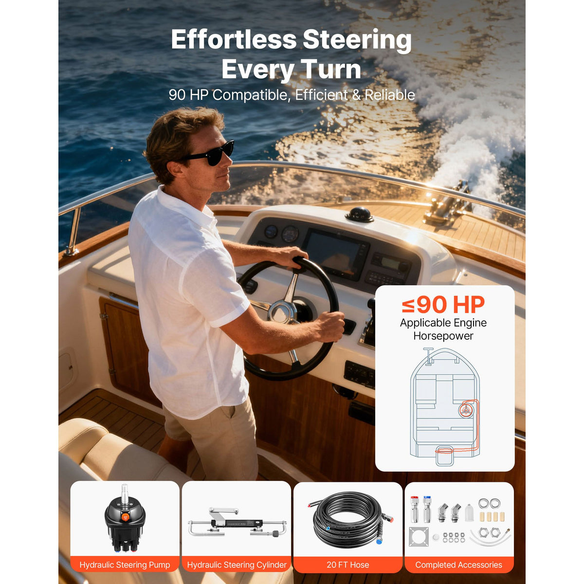 Hydraulic Steering Kit, 90 HP, Marine Boat Hydraulic Steering System, with 6.9 MPa/1000 psi Helm Pump, Two-Way Lock Cylinder, and 6 m High-Strength Hoses, for Single Station, Single-Engine Use