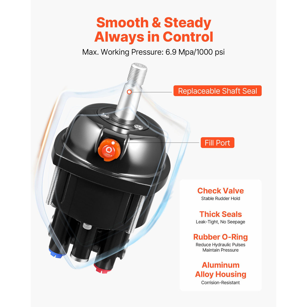 Hydraulic Steering Kit, 90 HP, Marine Boat Hydraulic Steering System, with 6.9 MPa/1000 psi Helm Pump, Two-Way Lock Cylinder, and 6 m High-Strength Hoses, for Single Station, Single-Engine Use