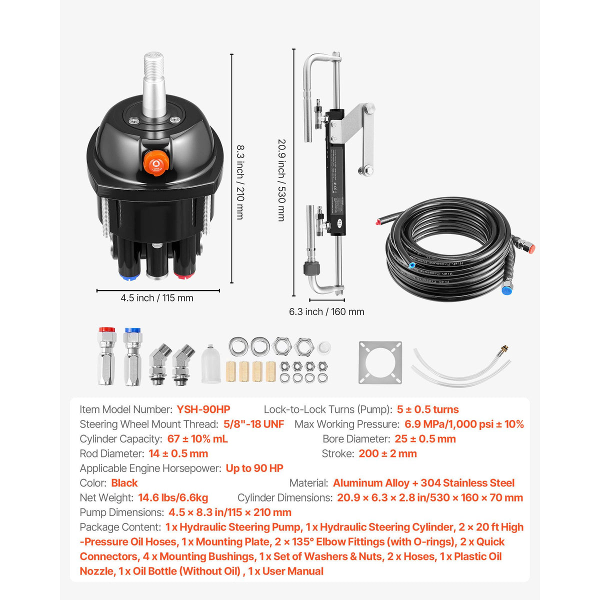 Hydraulic Steering Kit, 90 HP, Marine Boat Hydraulic Steering System, with 6.9 MPa/1000 psi Helm Pump, Two-Way Lock Cylinder, and 6 m High-Strength Hoses, for Single Station, Single-Engine Use
