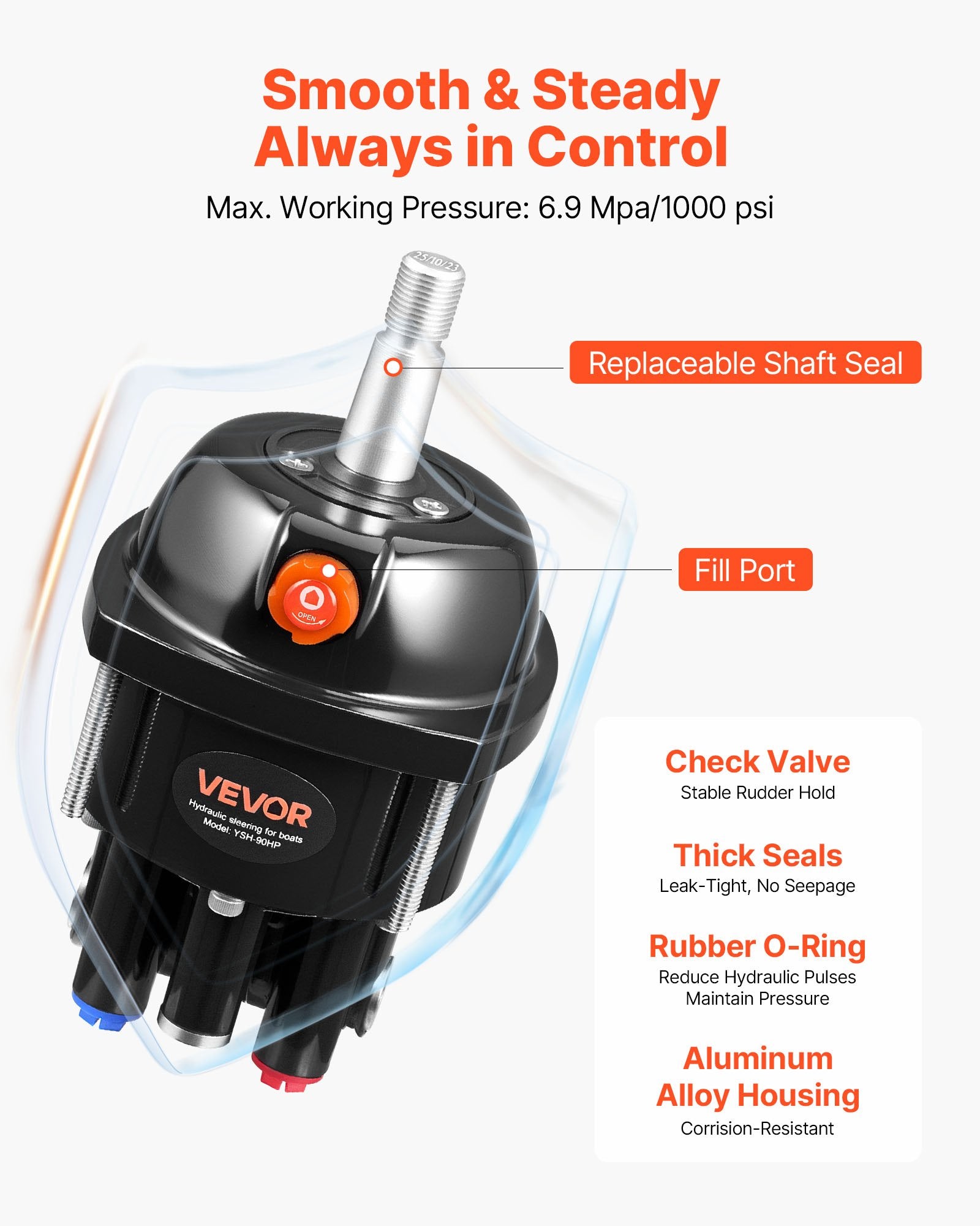 Hydraulic Steering Kit, 90 HP, Hydraulic Steering Helm Pump & Cylinder, with 6.9 MPa/1000 psi Max Working Pressure, Aluminum Alloy Housing, Check Valve, for Outboards Fishing Boats Sailboats