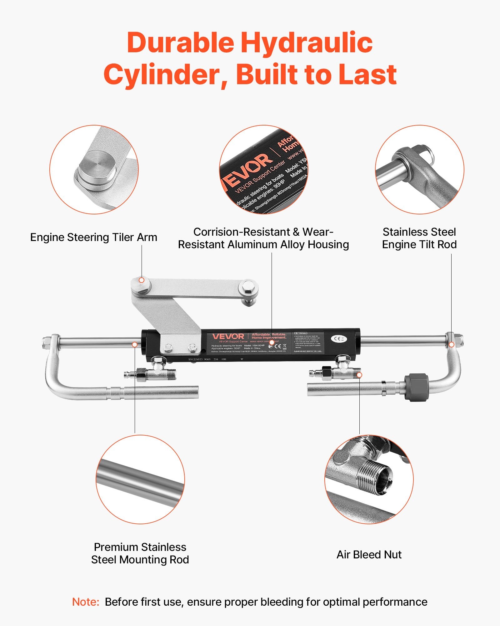 Hydraulic Steering Kit, 90 HP, Hydraulic Steering Helm Pump & Cylinder, with 6.9 MPa/1000 psi Max Working Pressure, Aluminum Alloy Housing, Check Valve, for Outboards Fishing Boats Sailboats