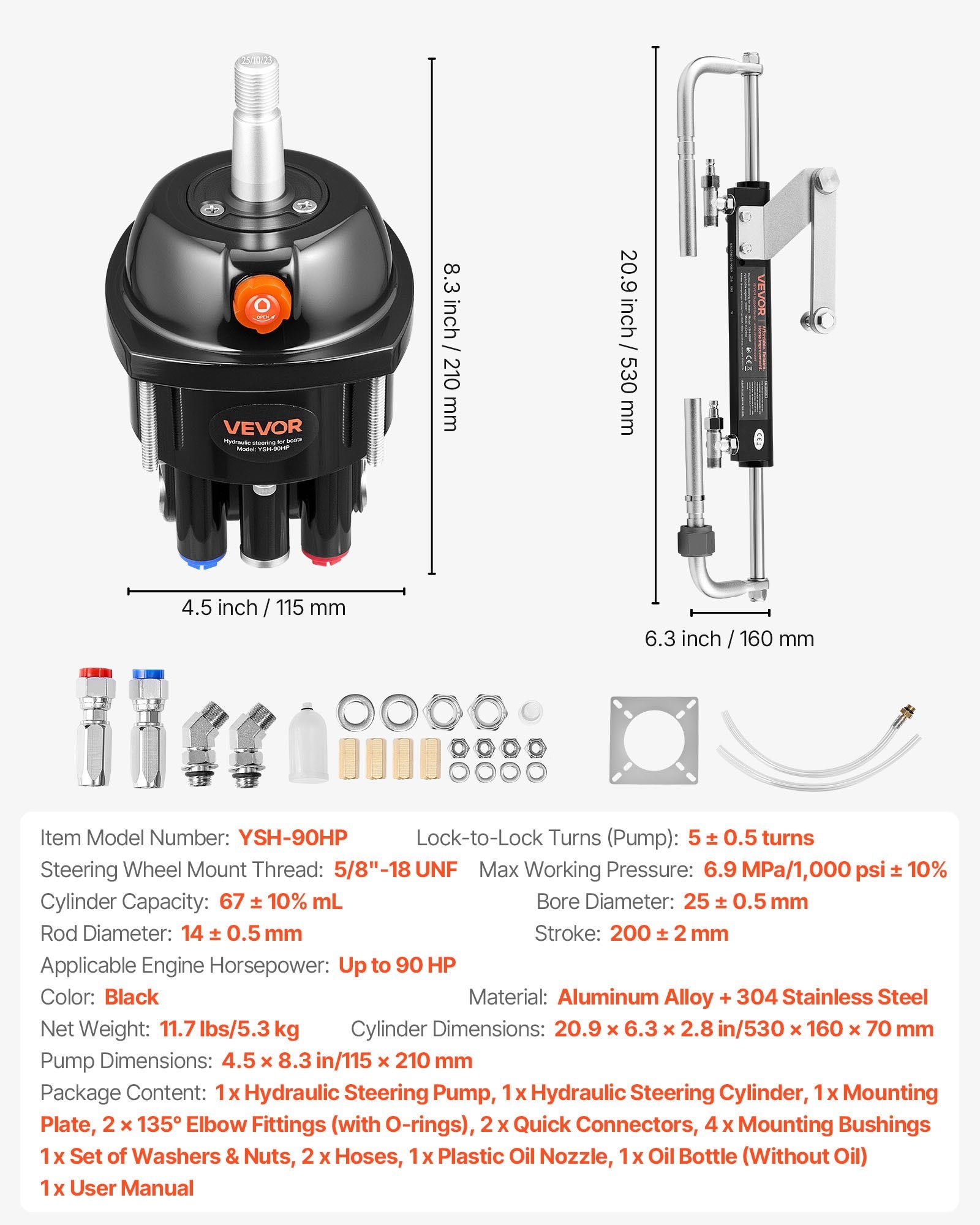 Hydraulic Steering Kit, 90 HP, Hydraulic Steering Helm Pump & Cylinder, with 6.9 MPa/1000 psi Max Working Pressure, Aluminum Alloy Housing, Check Valve, for Outboards Fishing Boats Sailboats