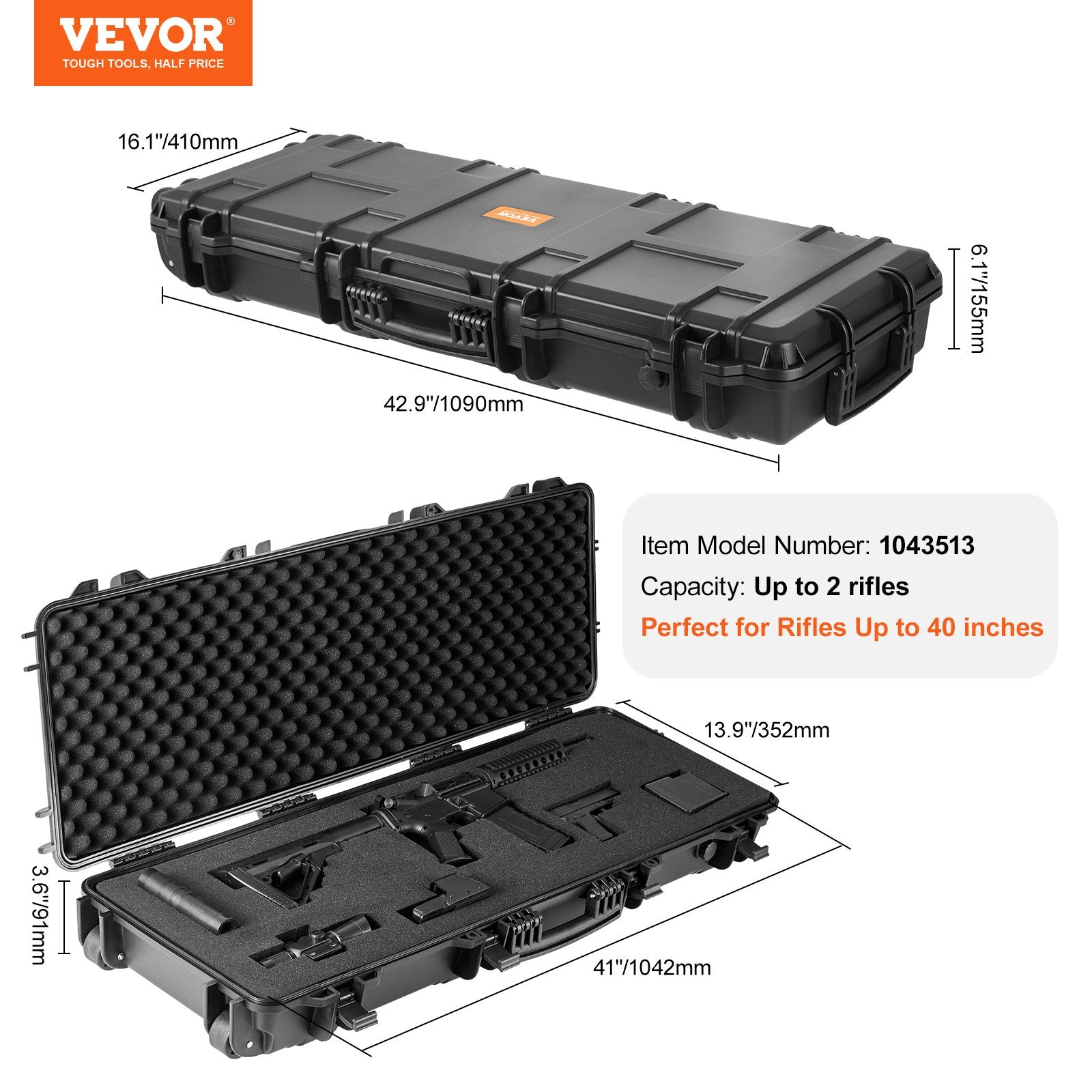 Camp Safety Equipment: VEVOR Rifle Case, Rifle Hard Case with 3 Layers Fully-protective Foams, 42 inch lockable Hard Gun Case with Wheels, IP67 Waterproof & Crushproof, for Two Rifles or Shotguns, Airsoft Gun