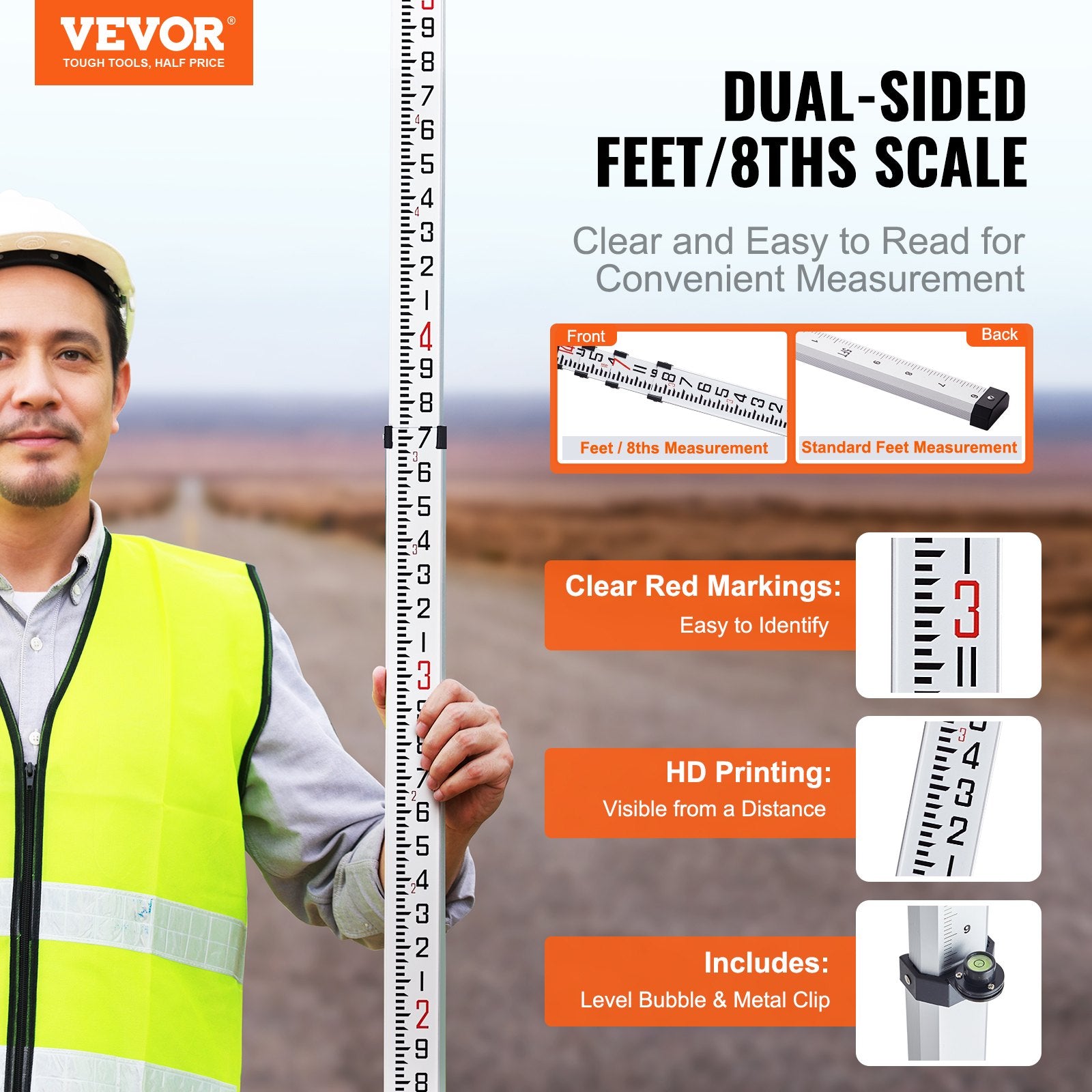 Measuring Tools & Sensors: VEVOR Aluminum Grade Rod, 14-Feet/8ths 4 Sections Telescopic Measuring Rod, Double-Sided Scale 1/8in Leveling Rod Stick, Aluminum Alloy Survey Rod w/ Bubble Level &Carrying Bag for Houses,Walls,Floors