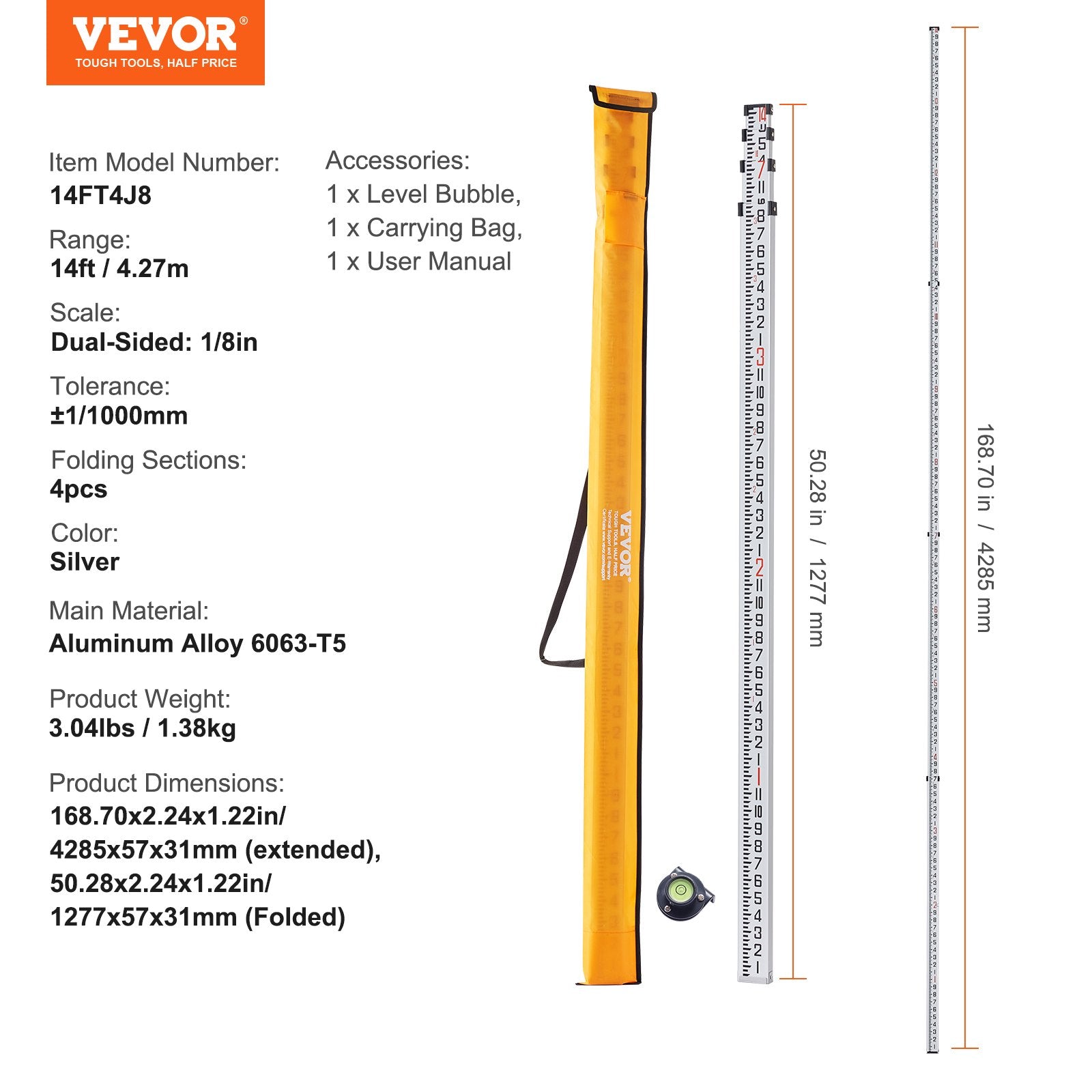 Measuring Tools & Sensors: VEVOR Aluminum Grade Rod, 14-Feet/8ths 4 Sections Telescopic Measuring Rod, Double-Sided Scale 1/8in Leveling Rod Stick, Aluminum Alloy Survey Rod w/ Bubble Level &Carrying Bag for Houses,Walls,Floors