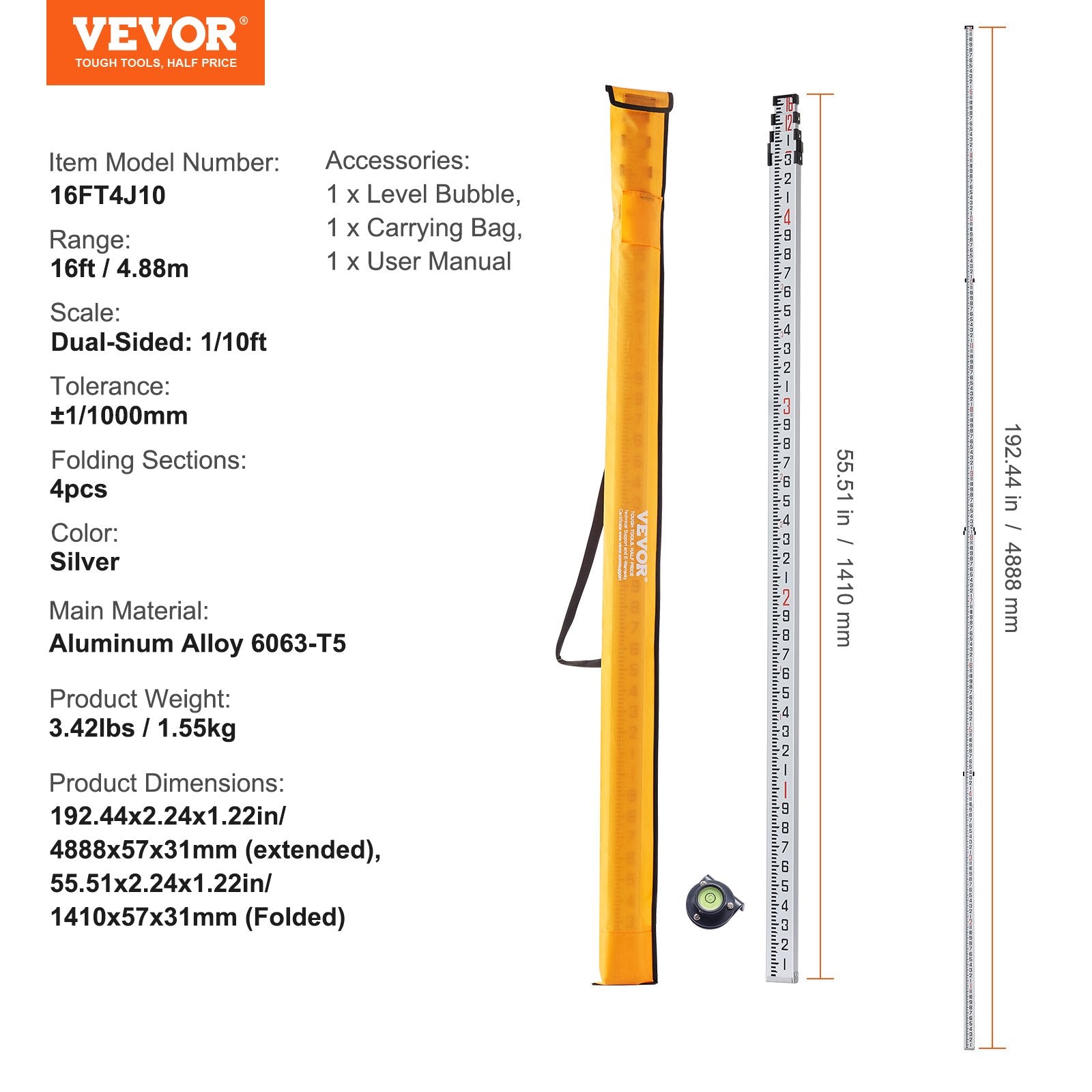 Kitchen & Bathroom DIY: VEVOR Measuring Rod 16-Feet/10ths 4 Sections Telescopic Grade Rod 1/10ft w/ Bag