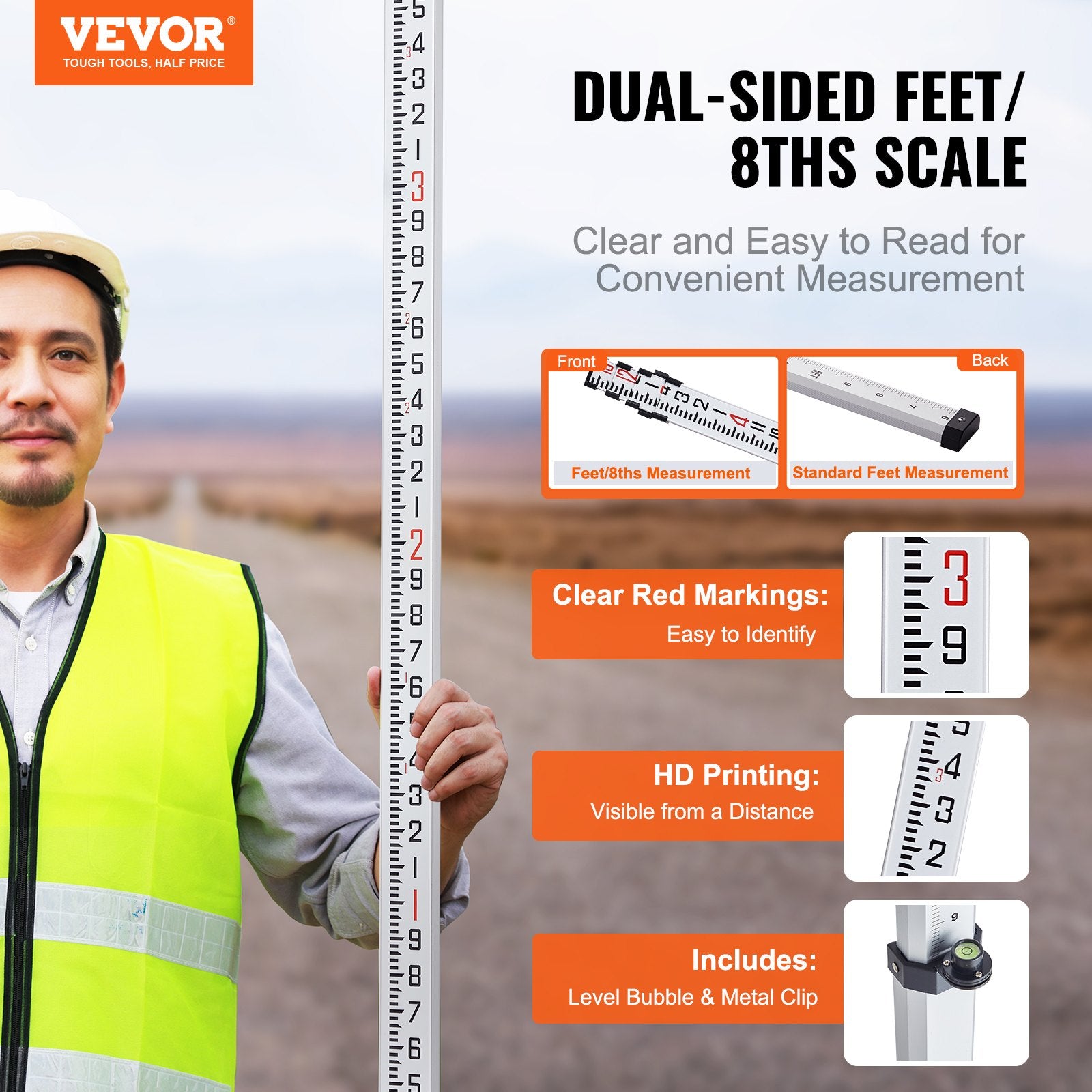 Kitchen & Bathroom DIY: VEVOR Measuring Rod 16-Feet/8ths 4 Sections Telescopic Grade Rod 1/8in w/ Bag