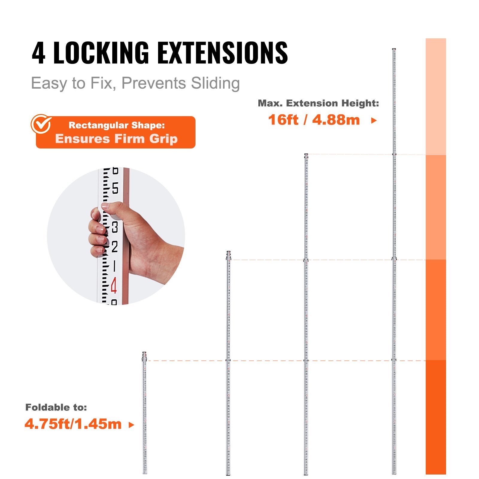 Kitchen & Bathroom DIY: VEVOR Measuring Rod 16-Feet/8ths 4 Sections Telescopic Grade Rod 1/8in w/ Bag
