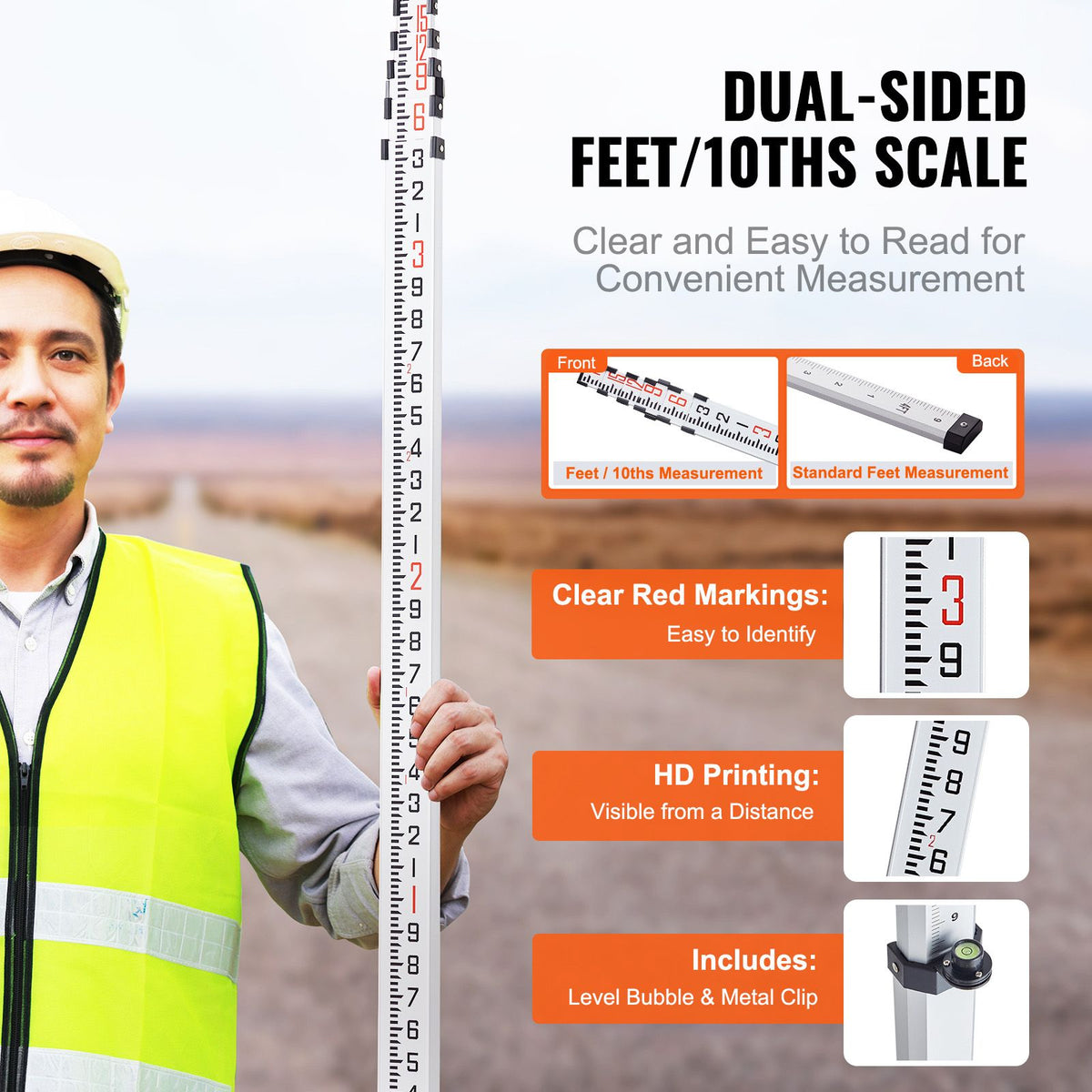 Aluminum Grade Rod, 18-Feet/10ths 6 Sections Telescopic Measuring Rod,Double-Sided Scale 1/10ft Leveling Rod Stick,Aluminum Alloy Survey Rod w/ Bubble Level &Carrying Bag for Houses,Walls,Floors
