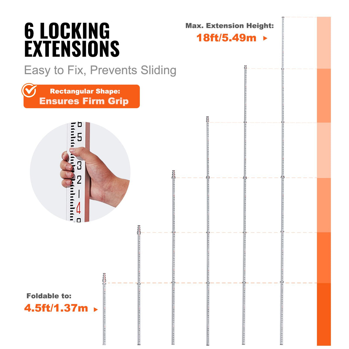 Aluminum Grade Rod, 18-Feet/10ths 6 Sections Telescopic Measuring Rod,Double-Sided Scale 1/10ft Leveling Rod Stick,Aluminum Alloy Survey Rod w/ Bubble Level &Carrying Bag for Houses,Walls,Floors