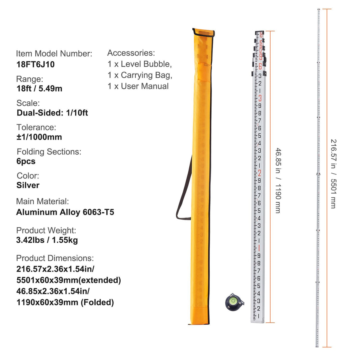 Aluminum Grade Rod, 18-Feet/10ths 6 Sections Telescopic Measuring Rod,Double-Sided Scale 1/10ft Leveling Rod Stick,Aluminum Alloy Survey Rod w/ Bubble Level &Carrying Bag for Houses,Walls,Floors
