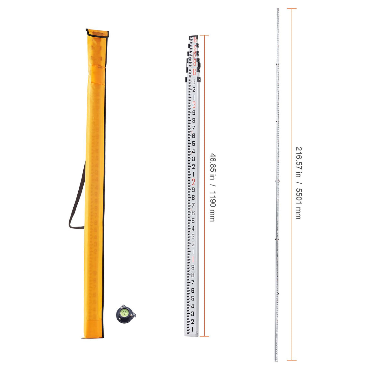 Aluminum Grade Rod, 18-Feet/10ths 6 Sections Telescopic Measuring Rod,Double-Sided Scale 1/10ft Leveling Rod Stick,Aluminum Alloy Survey Rod w/ Bubble Level &Carrying Bag for Houses,Walls,Floors
