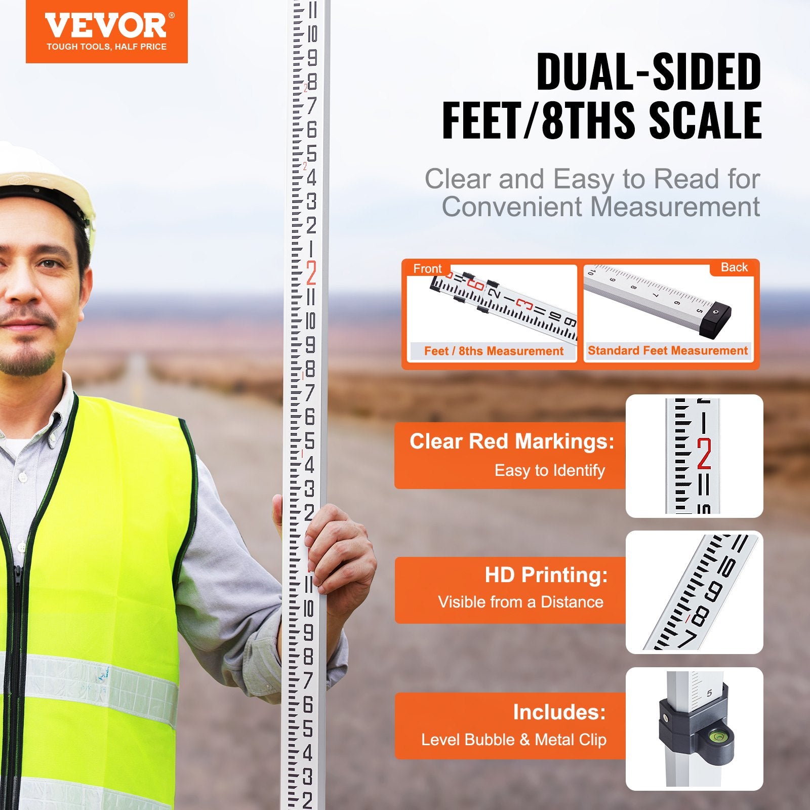 Aluminum Grade Rod, 9-Feet/8ths 3 Sections Telescopic Measuring Rod, Double-Sided Scale 1/8in Leveling Rod Stick,Aluminum Alloy Survey Rod with Bubble Level &Carrying Bag for Houses,Walls,Floors