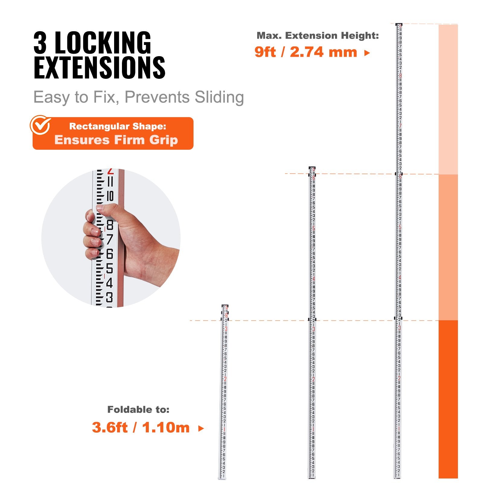 Aluminum Grade Rod, 9-Feet/8ths 3 Sections Telescopic Measuring Rod, Double-Sided Scale 1/8in Leveling Rod Stick,Aluminum Alloy Survey Rod with Bubble Level &Carrying Bag for Houses,Walls,Floors
