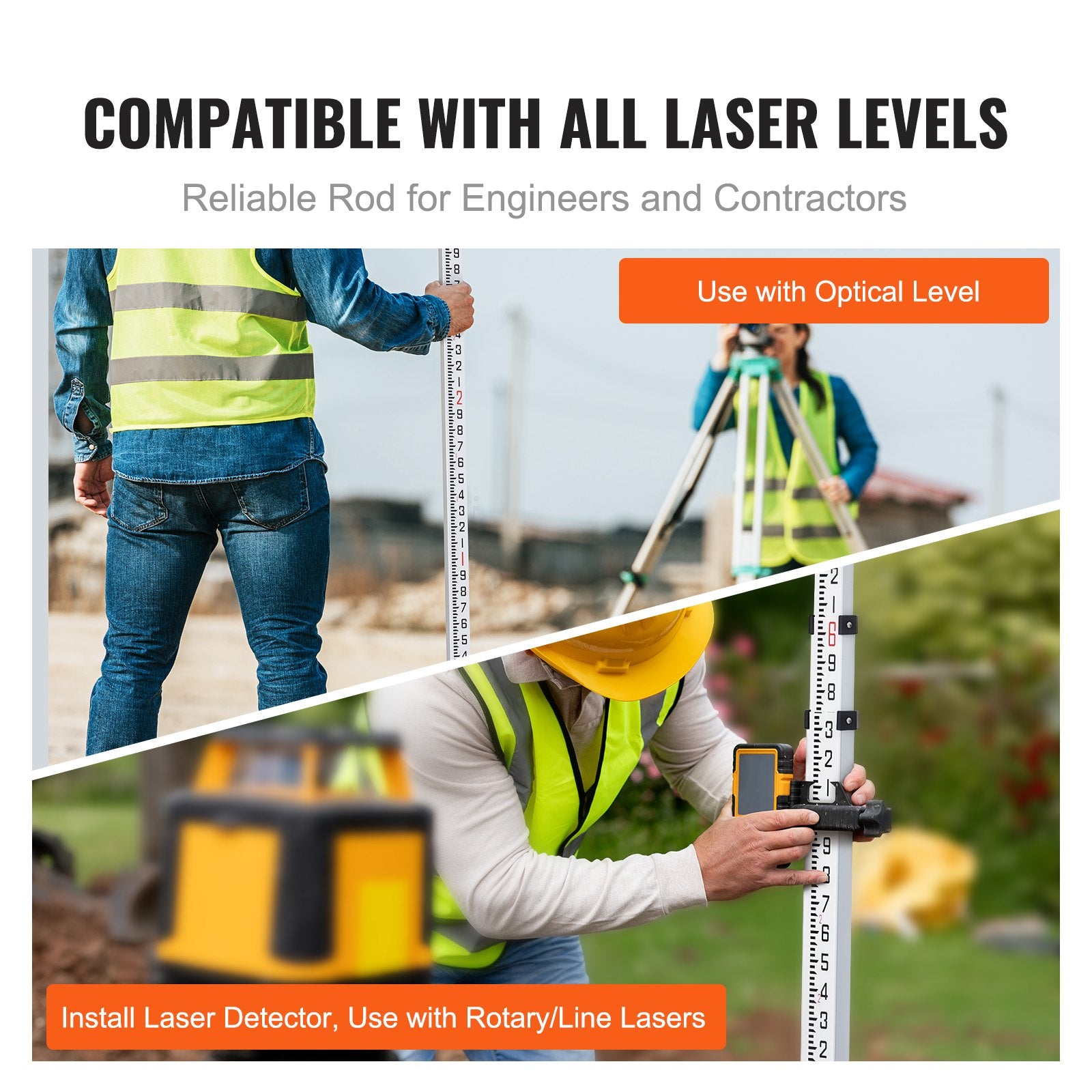 Aluminum Grade Rod, 9-Feet/8ths 3 Sections Telescopic Measuring Rod, Double-Sided Scale 1/8in Leveling Rod Stick,Aluminum Alloy Survey Rod with Bubble Level &Carrying Bag for Houses,Walls,Floors