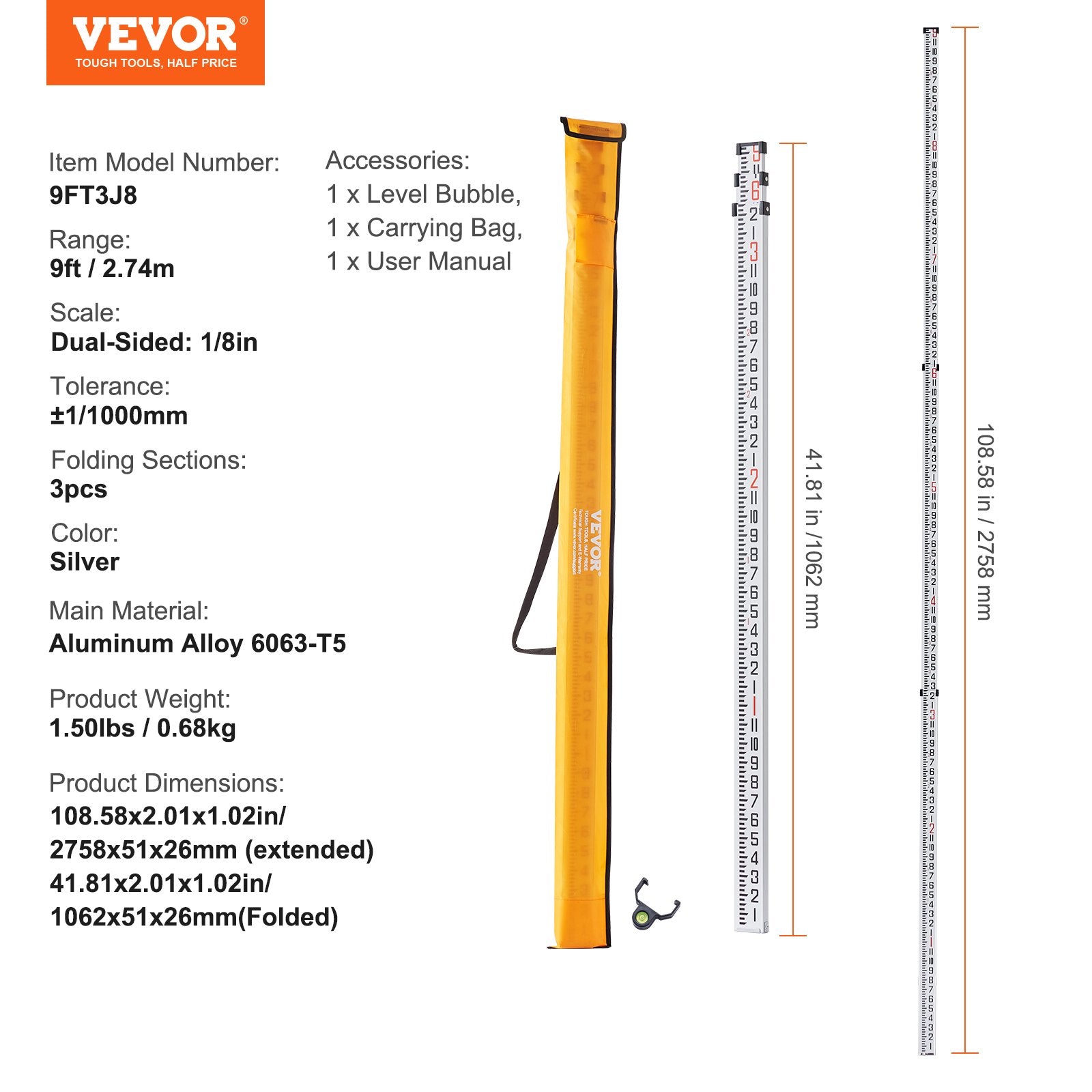 Aluminum Grade Rod, 9-Feet/8ths 3 Sections Telescopic Measuring Rod, Double-Sided Scale 1/8in Leveling Rod Stick,Aluminum Alloy Survey Rod with Bubble Level &Carrying Bag for Houses,Walls,Floors