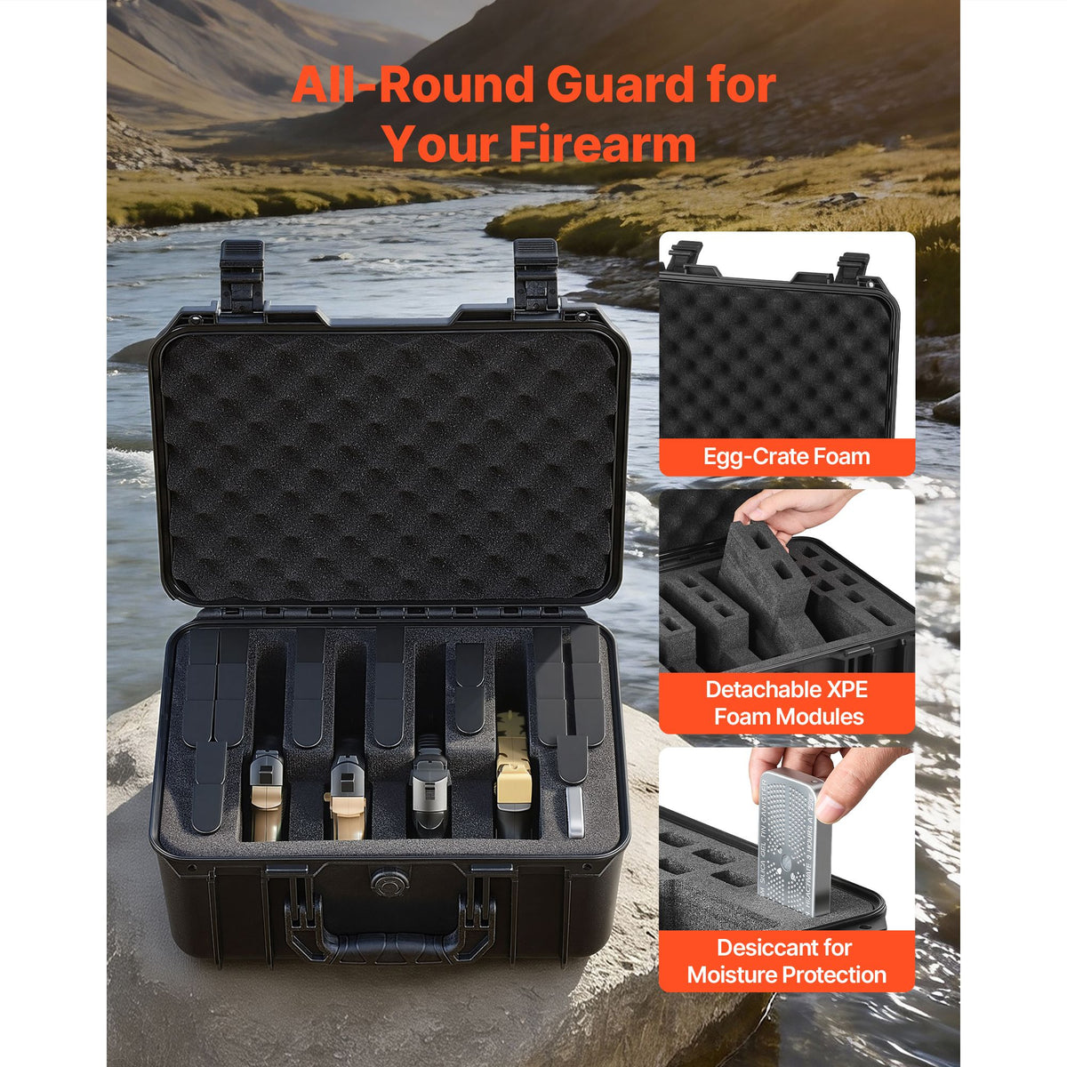 Hard Pistol Case, Heavy Duty Hard Gun Case with XPE Foam Lining, Waterproof Pistol Storage Box with Customizable Interior & Handle for Gun, Lenses, Camera, Gear, TSA Compliant, 404x319x192 mm