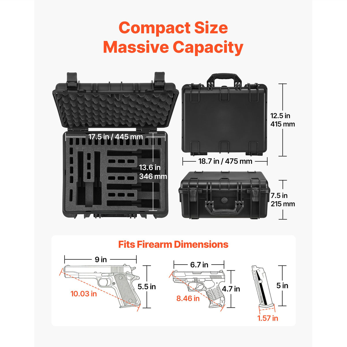 Hard Pistol Case, Heavy Duty Hard Gun Case with XPE Foam Interior, Waterproof Pistol Storage Box with Customizable Lining & Handle for Gun, Lenses, Camera, Gear, TSA Compliant, 475x415x215 mm