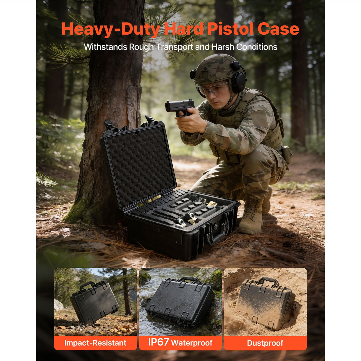Hard Pistol Case, Heavy Duty Hard Gun Case with XPE Foam Interior, Waterproof Pistol Storage Box with Customizable Lining & Handle for Gun, Lenses, Camera, Gear, TSA Compliant, 475x415x215 mm