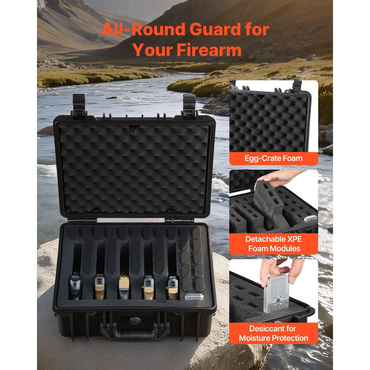 Hard Pistol Case, Heavy Duty Hard Gun Case with XPE Foam Lining, Waterproof Pistol Storage Box with Customizable Interior & Handle for Gun, Lenses, Camera, Gear, TSA Compliant, 475x415x215 mm