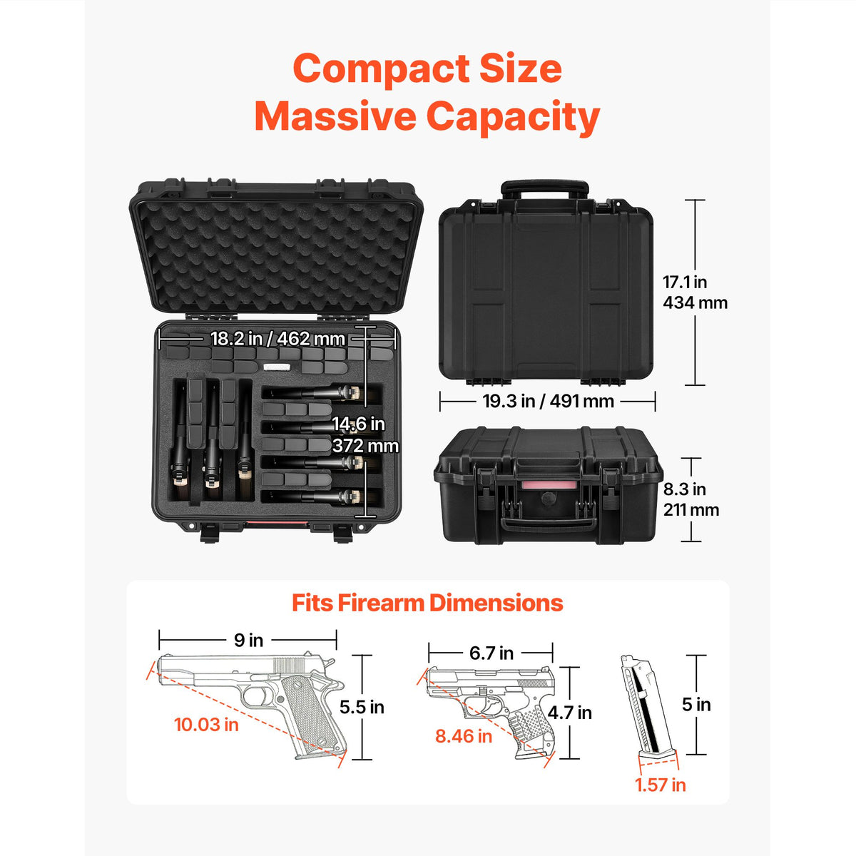 Hard Pistol Case, Heavy Duty Hard Gun Case with XPE Foam Lining, Waterproof Pistol Storage Box with Customizable Interior & Handle for Gun, Lenses, Camera, Gear, TSA Compliant, 491x434x211 mm