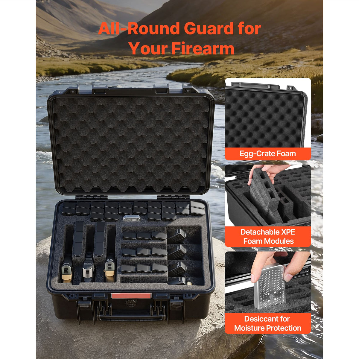 Hard Pistol Case, Heavy Duty Hard Gun Case with XPE Foam Lining, Waterproof Pistol Storage Box with Customizable Interior & Handle for Gun, Lenses, Camera, Gear, TSA Compliant, 491x434x211 mm