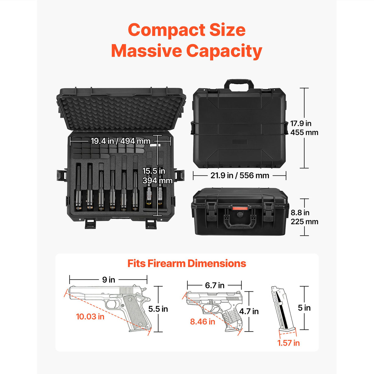 Hard Pistol Case, Heavy Duty Hard Gun Case with XPE Foam Lining, Waterproof Pistol Storage Box with Customizable Interior & Handle for Gun, Lenses, Camera, Gear, TSA Compliant, 556x455x225 mm