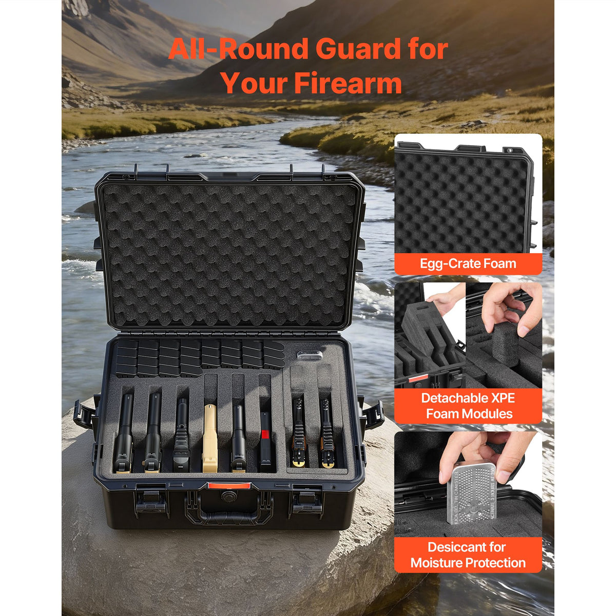 Hard Pistol Case, Heavy Duty Hard Gun Case with XPE Foam Lining, Waterproof Pistol Storage Box with Customizable Interior & Handle for Gun, Lenses, Camera, Gear, TSA Compliant, 556x455x225 mm