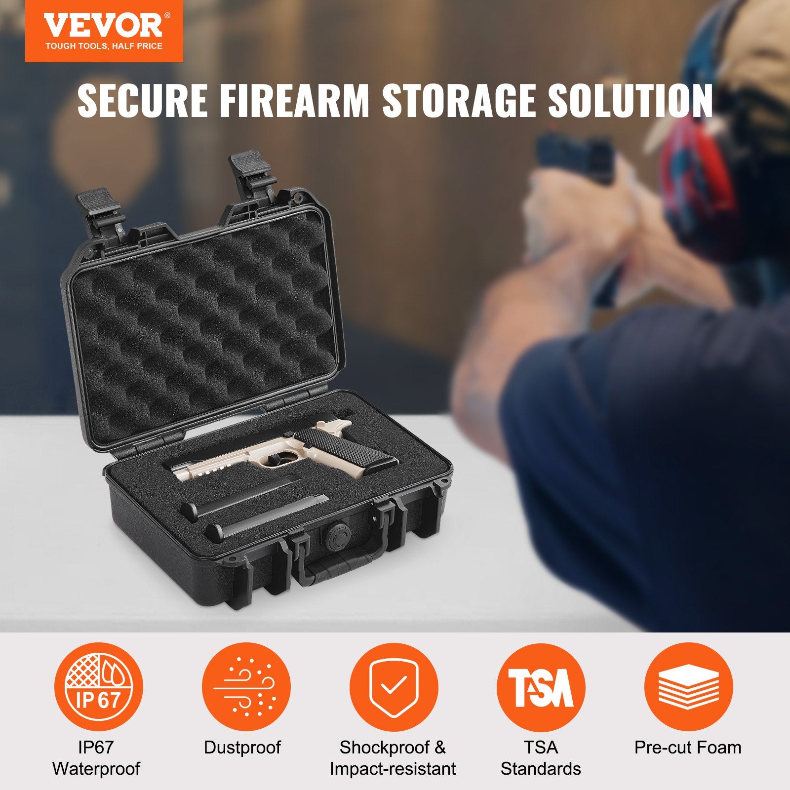 Cases & Skins: VEVOR Hard Pistol Cases with Pre-cut PU Foam, Waterproof & Dustproof Hard Gun Case for 1 Pistol, 12.59×9.01×4.4 in Lockable Pistol Case, Black