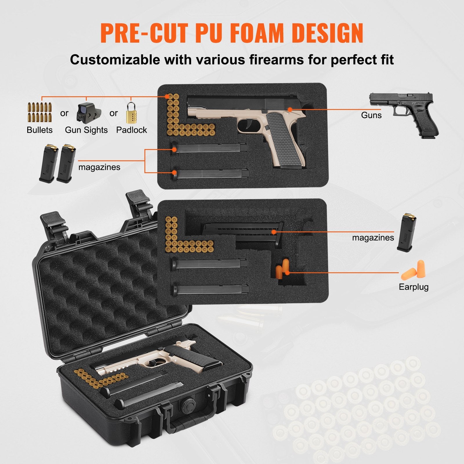 Cases & Skins: VEVOR Hard Pistol Cases with Pre-cut PU Foam, Waterproof & Dustproof Hard Gun Case for 1 Pistol, 12.59×9.01×4.4 in Lockable Pistol Case, Black