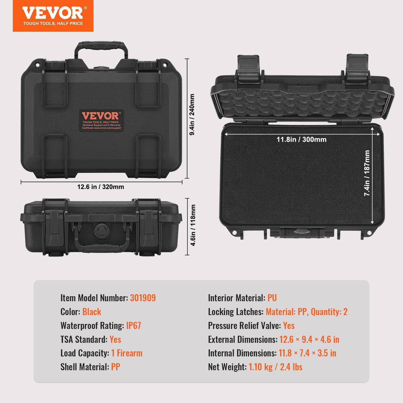 Cases & Skins: VEVOR Hard Pistol Cases with Pre-cut PU Foam, Waterproof & Dustproof Hard Gun Case for 1 Pistol, 12.59×9.01×4.4 in Lockable Pistol Case, Black