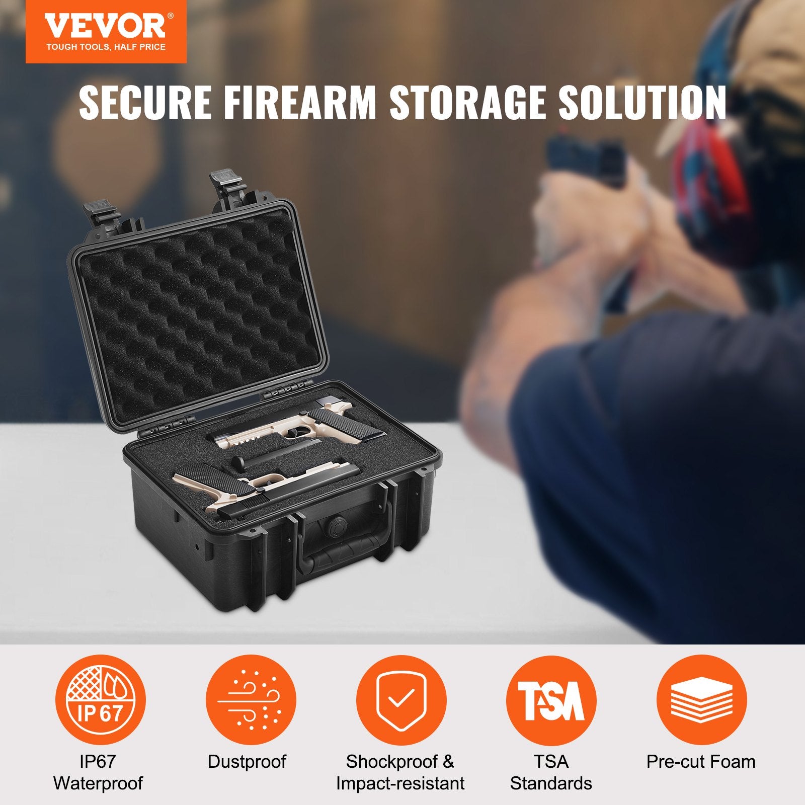 Storage Boxes: VEVOR Hard Pistol Cases with Pre-cut PU Foam, Waterproof & Dustproof Hard Gun Case for 2 Pistol, 14.1×11.5×7.6 in Lockable Pistol Case, Black