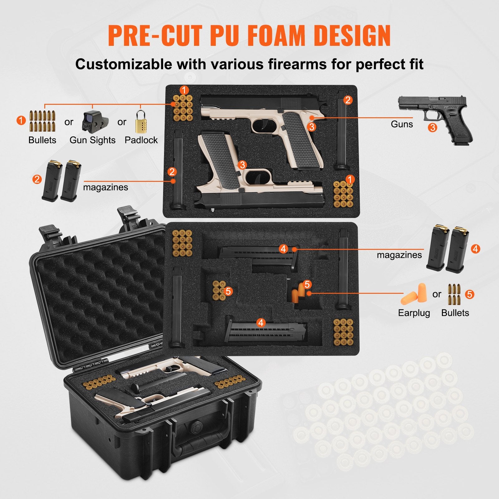 Storage Boxes: VEVOR Hard Pistol Cases with Pre-cut PU Foam, Waterproof & Dustproof Hard Gun Case for 2 Pistol, 14.1×11.5×7.6 in Lockable Pistol Case, Black