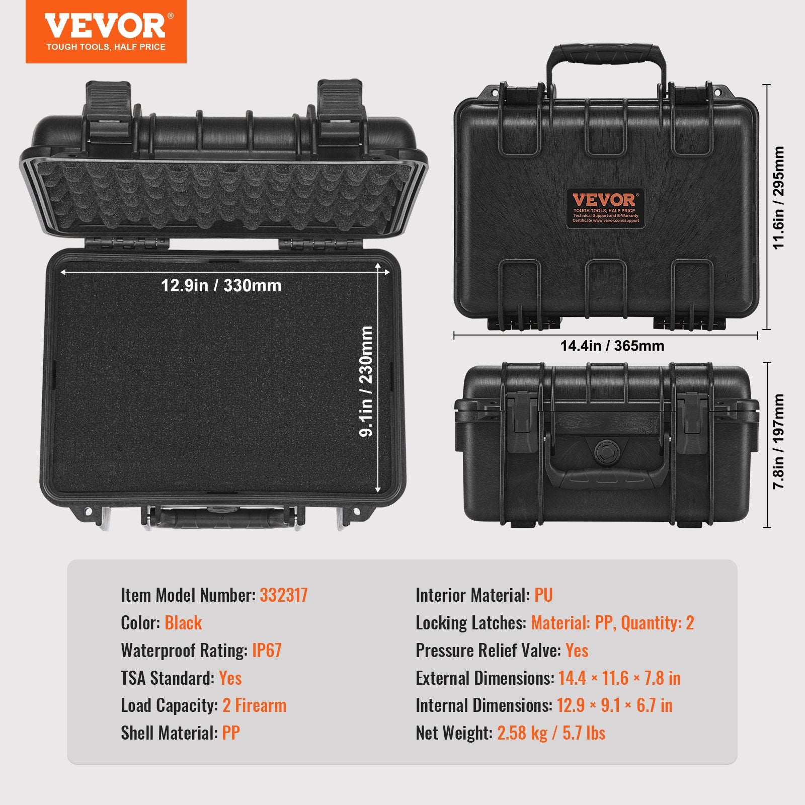 Storage Boxes: VEVOR Hard Pistol Cases with Pre-cut PU Foam, Waterproof & Dustproof Hard Gun Case for 2 Pistol, 14.1×11.5×7.6 in Lockable Pistol Case, Black