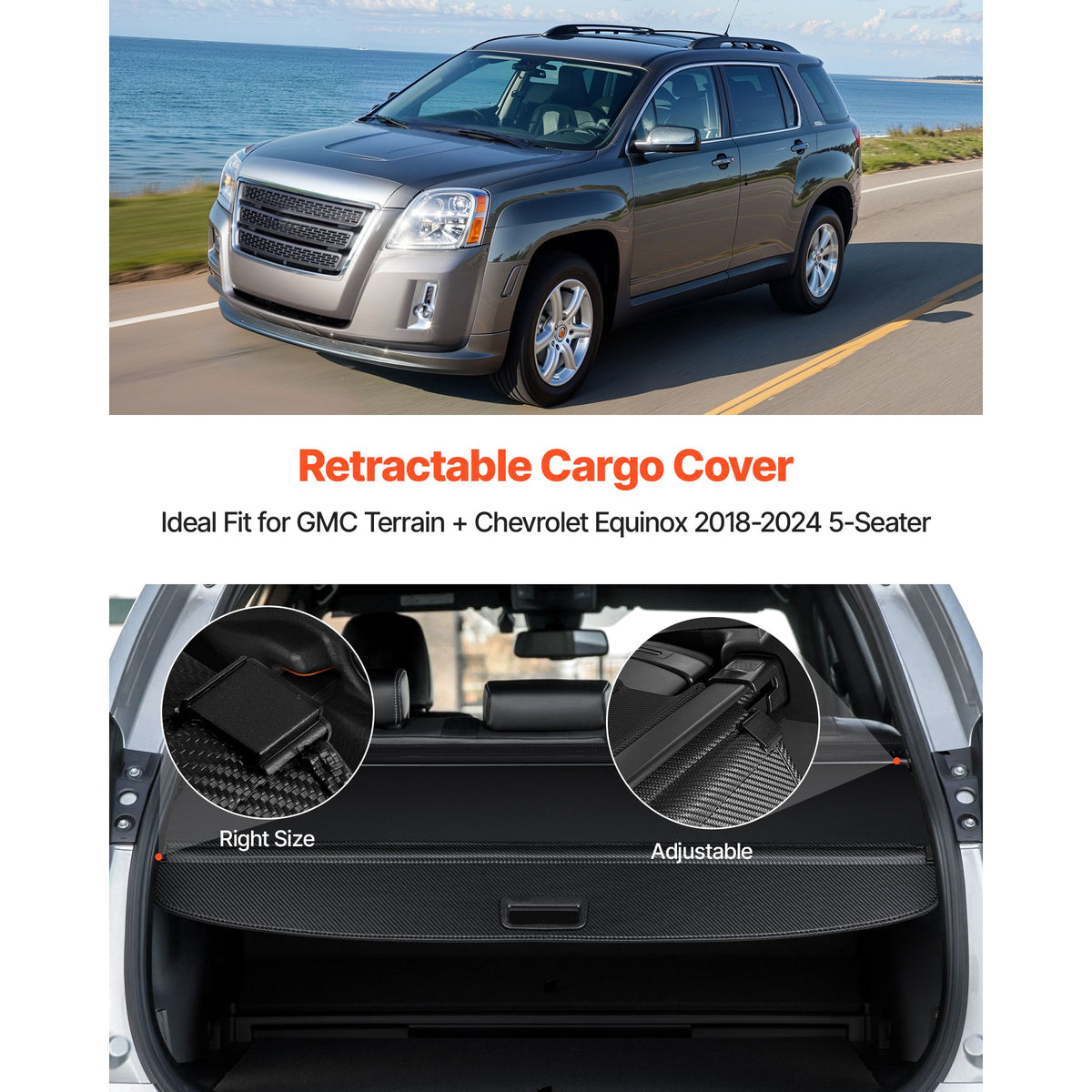Retractable Cargo Cover, Carbon Fiber Texture Trunk Cover, Anti-Peeping Luggage Privacy Shield, Seamless Fixation Shade, Extended Version for GMC Terrain & Chevrolet Equinox 2018-2024 5-Seater