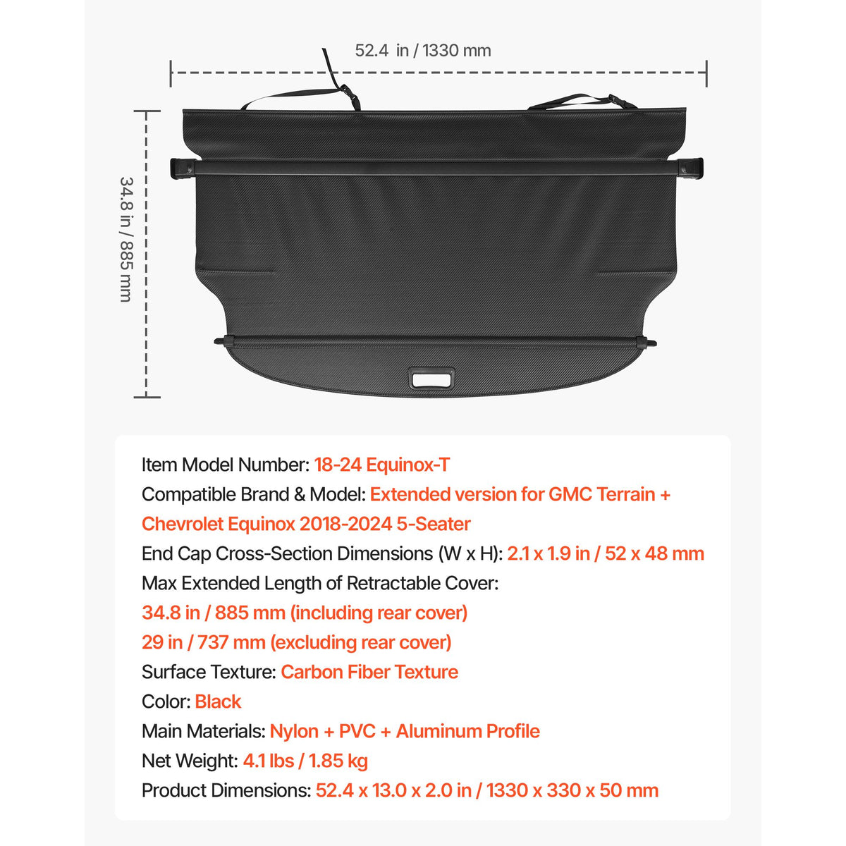 Retractable Cargo Cover, Carbon Fiber Texture Trunk Cover, Anti-Peeping Luggage Privacy Shield, Seamless Fixation Shade, Extended Version for GMC Terrain & Chevrolet Equinox 2018-2024 5-Seater