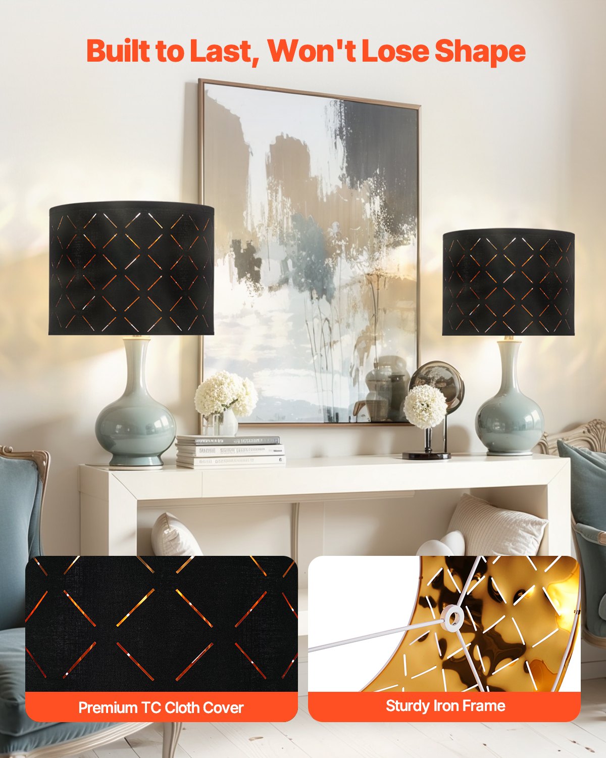 Mirrors: VEVOR Drum Lamp Shade 2 Set, 33 cm Top x 33 cm Bottom x 25 cm High, Medium Drum Lampshade with Harp, Replacement Lamp Shade for Table Lamps Floor Lamps Pendant Lights, Black Diamond Hollow Design