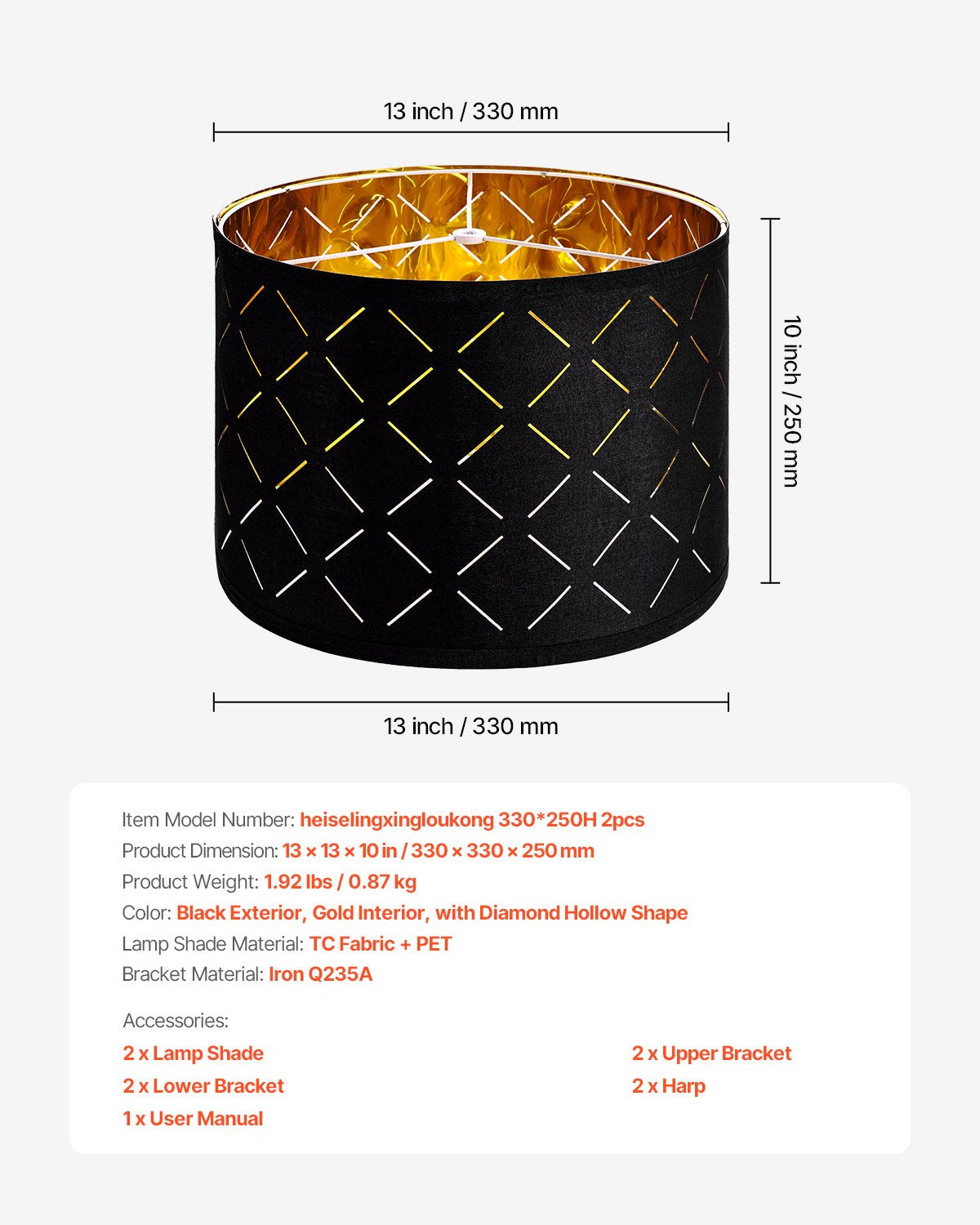 Mirrors: VEVOR Drum Lamp Shade 2 Set, 33 cm Top x 33 cm Bottom x 25 cm High, Medium Drum Lampshade with Harp, Replacement Lamp Shade for Table Lamps Floor Lamps Pendant Lights, Black Diamond Hollow Design