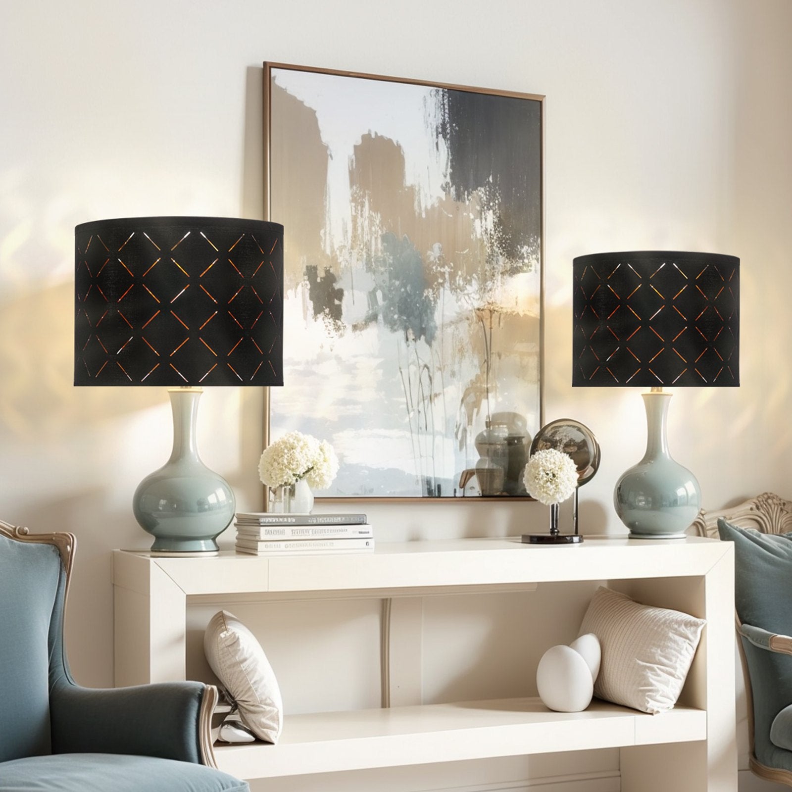 Mirrors: VEVOR Drum Lamp Shade 2 Set, 33 cm Top x 33 cm Bottom x 25 cm High, Medium Drum Lampshade with Harp, Replacement Lamp Shade for Table Lamps Floor Lamps Pendant Lights, Black Diamond Hollow Design