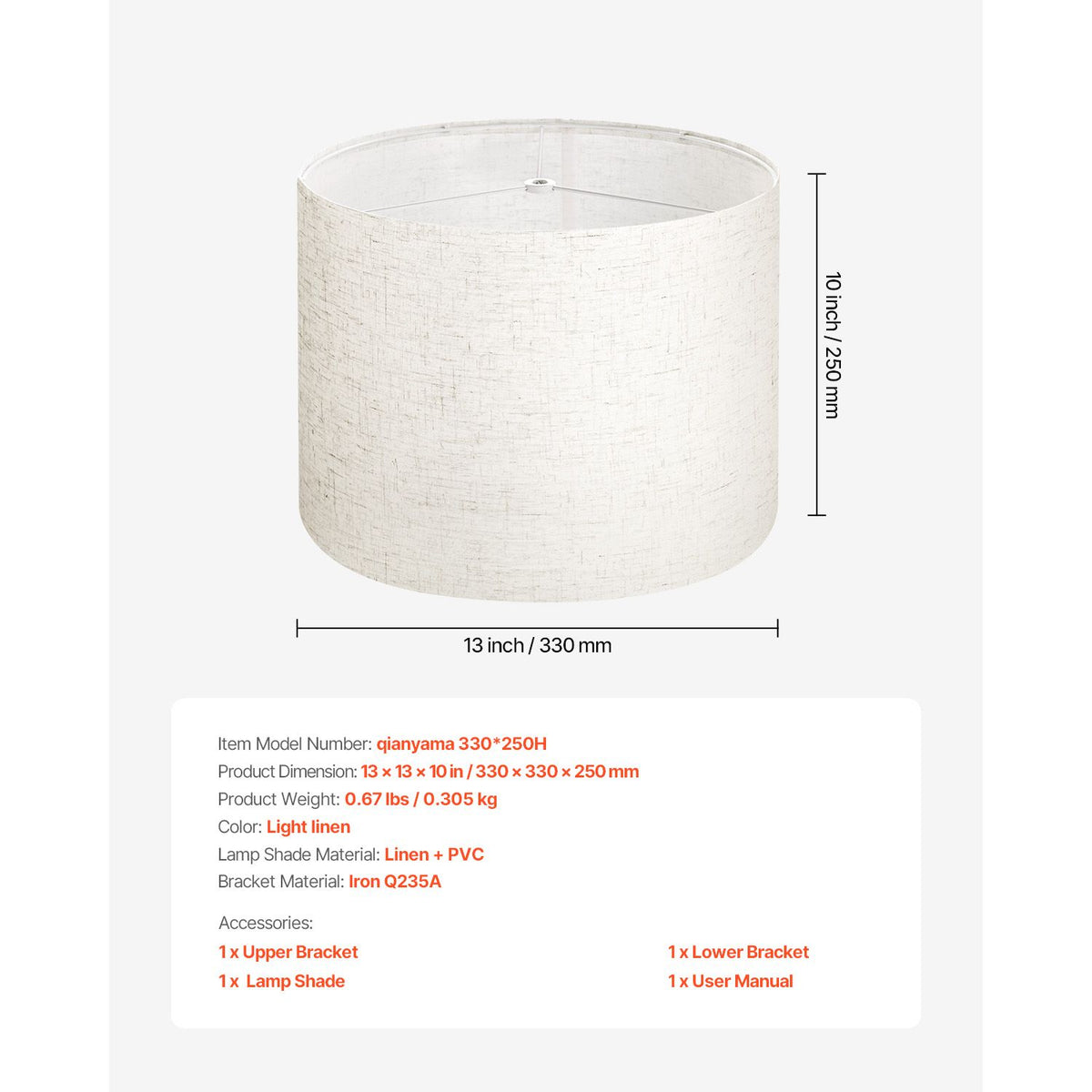 Drum Lamp Shade, 33 cm Top x 33 cm Bottom x 25 cm High, Medium Drum Linen Lampshade, Replacement Lamp Shade for Table Lamps Floor Lamps Pendant Lights, Easy Assembly Required (Light Linen)