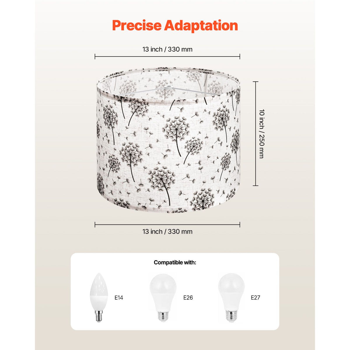 Drum Lamp Shade 2 Set, 33 cm Top x 33 cm Bottom x 25 cm High, Medium Drum Linen Lampshade, Replacement Lamp Shade for Table Lamps Floor Lamps, Easy Assembly Required (Light Dandelion Pattern)
