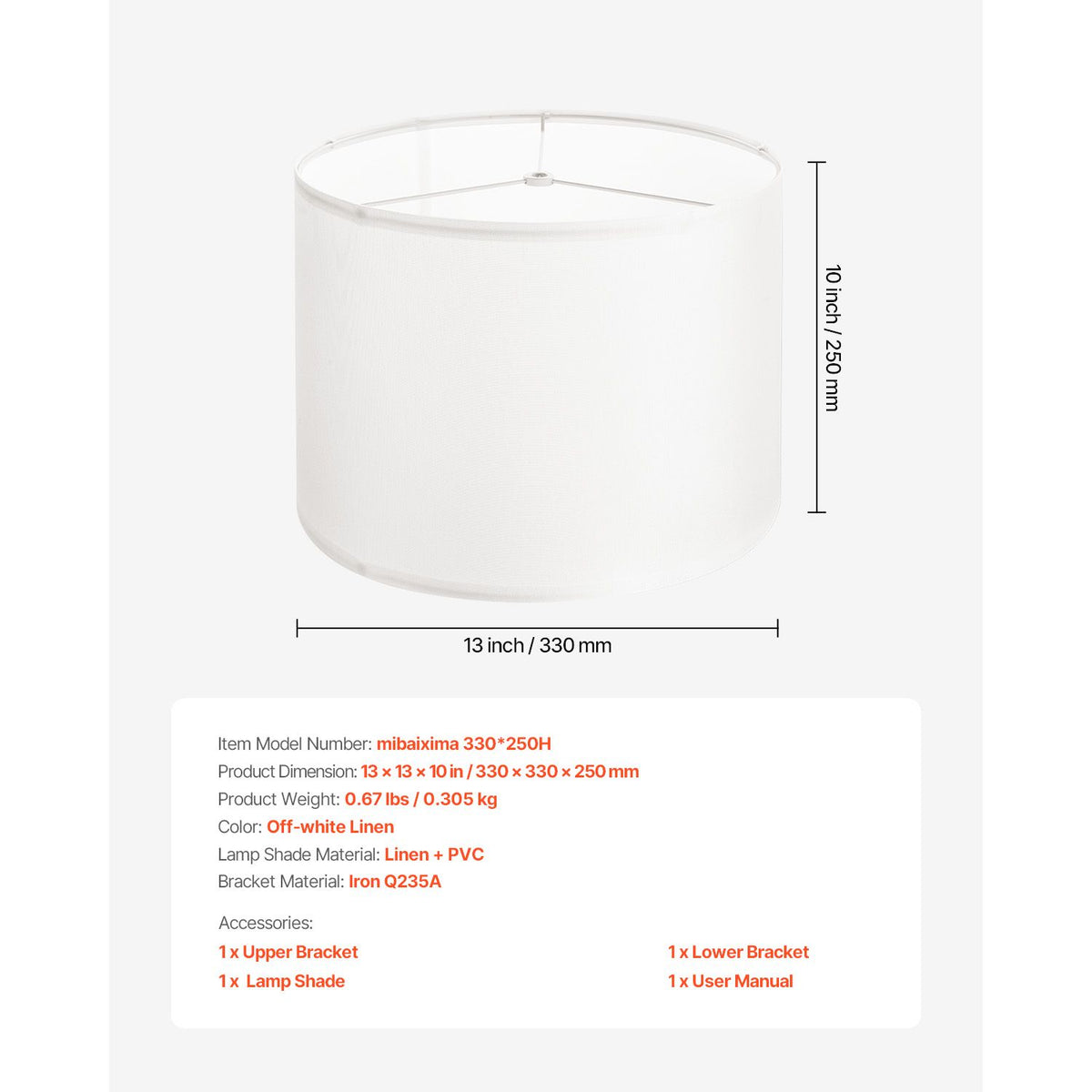 Drum Lamp Shade, 33 cm Top x 33 cm Bottom x 25 cm High, Medium Drum Linen Lampshade, Replacement Lamp Shade for Table Lamps Floor Lamps Pendant Lights, Easy Assembly Required (Off-white Linen)