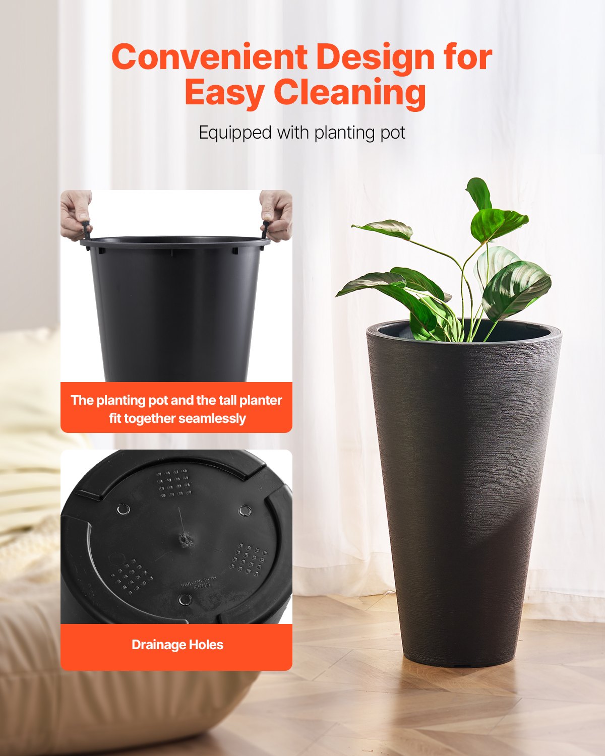 Tall Planter, Set of 2 Tall Round Tapered Planters, 59 cm Large Modern Gardening and Flower Plastic Pots, Decorative Tall Black Planter with Drainage Hole, for Porch, Patio, Indoor & Outdoor