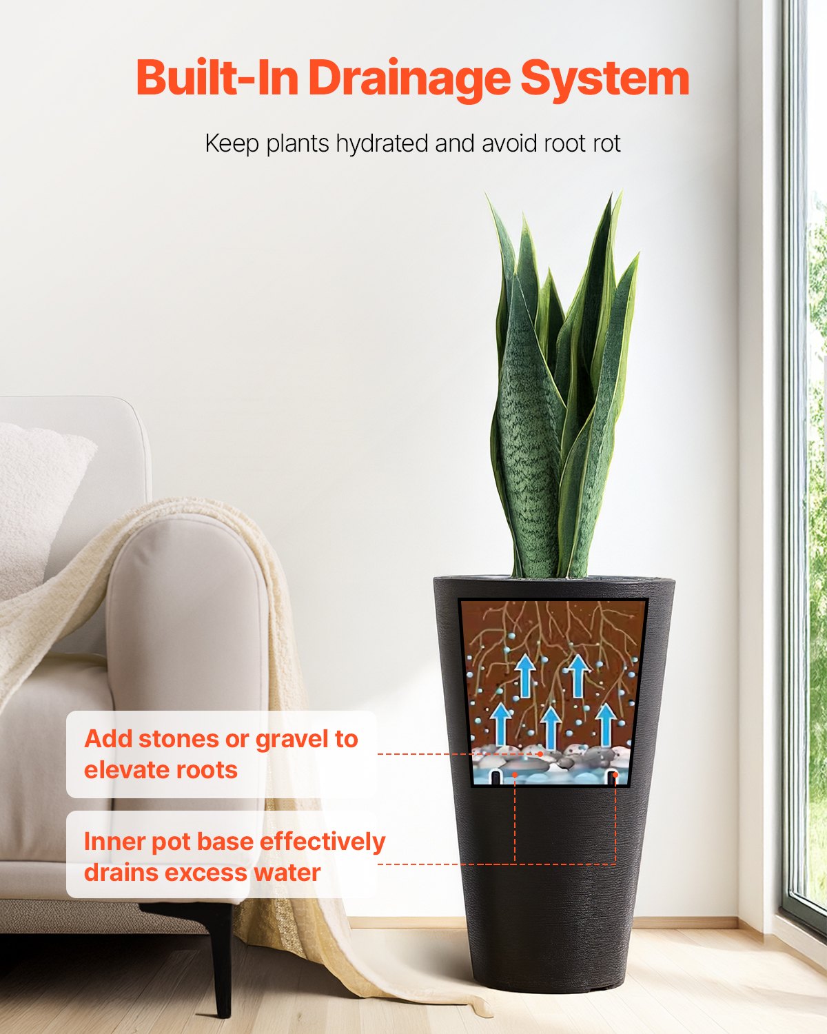 Tall Planter, Set of 2 Tall Round Tapered Planters, 59 cm Large Modern Gardening and Flower Plastic Pots, Decorative Tall Black Planter with Drainage Hole, for Porch, Patio, Indoor & Outdoor