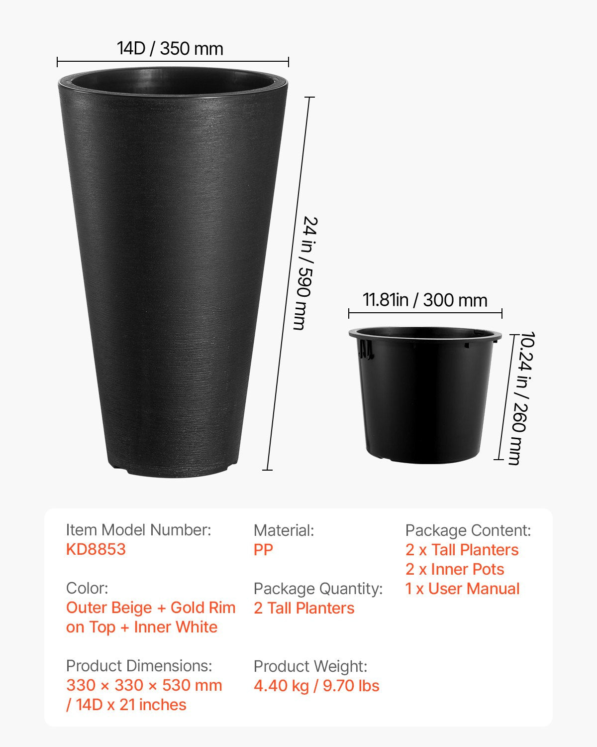 Tall Planter, Set of 2 Tall Round Tapered Planters, 59 cm Large Modern Gardening and Flower Plastic Pots, Decorative Tall Black Planter with Drainage Hole, for Porch, Patio, Indoor & Outdoor